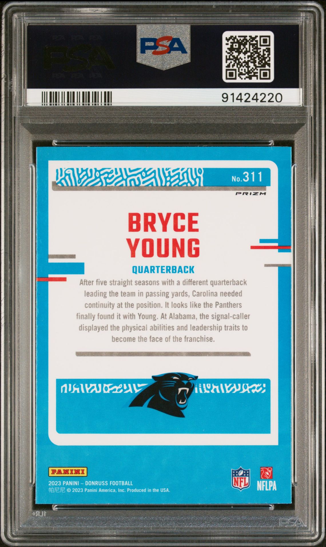 2023 Panini Donruss Bryce Young #311 (Optic Preview-Red Wave) Gem Mt 10 back