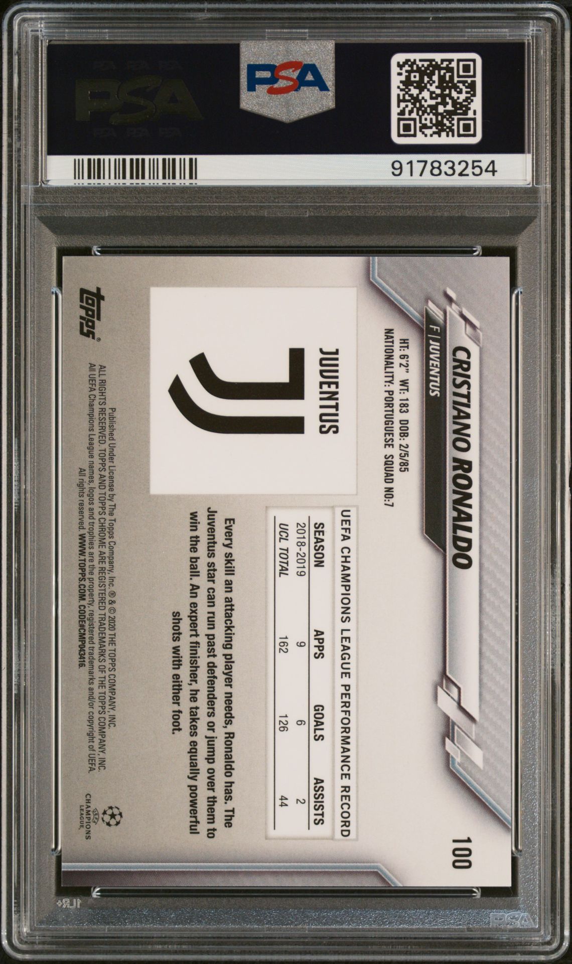 2019 Topps Chrome Uefa Champions League Sapphire Edition Cristiano Ronaldo #100 (Sapphire Edition) Gem Mt 10 back