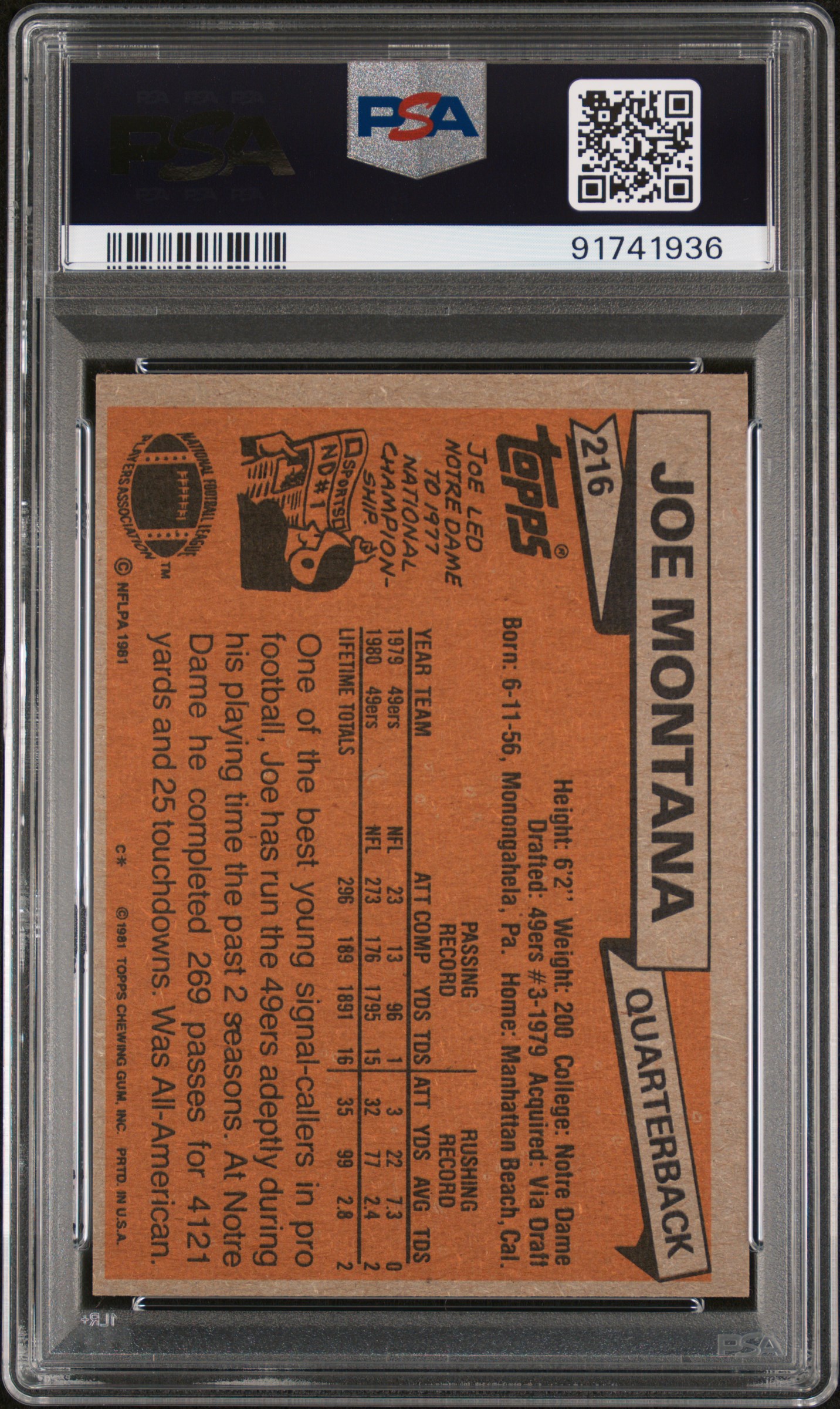 1981 Topps Joe Montana #216 Nm 7 back