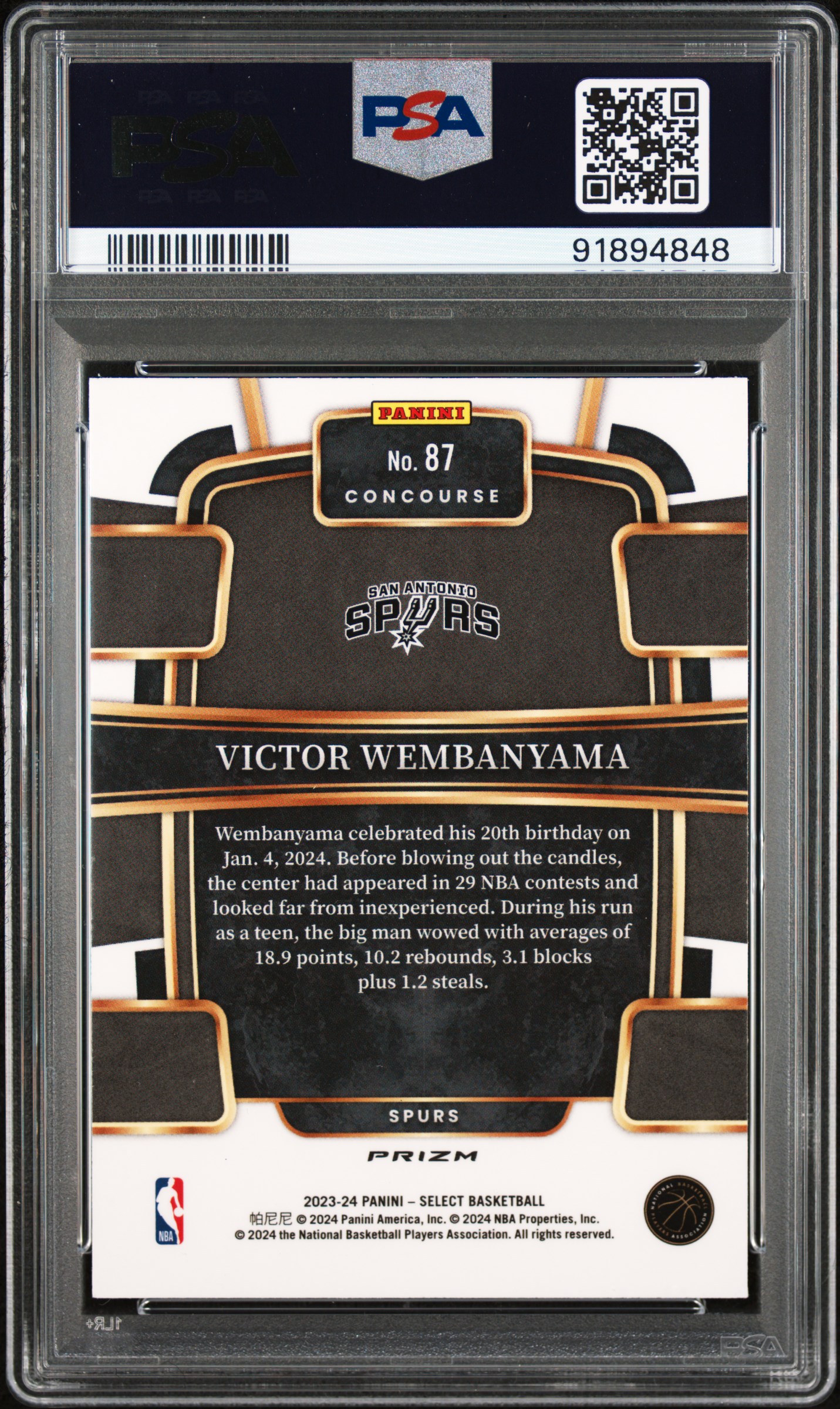 2023 Panini Select Victor Wembanyama #87 (Silver Prizm) Mint 9 back