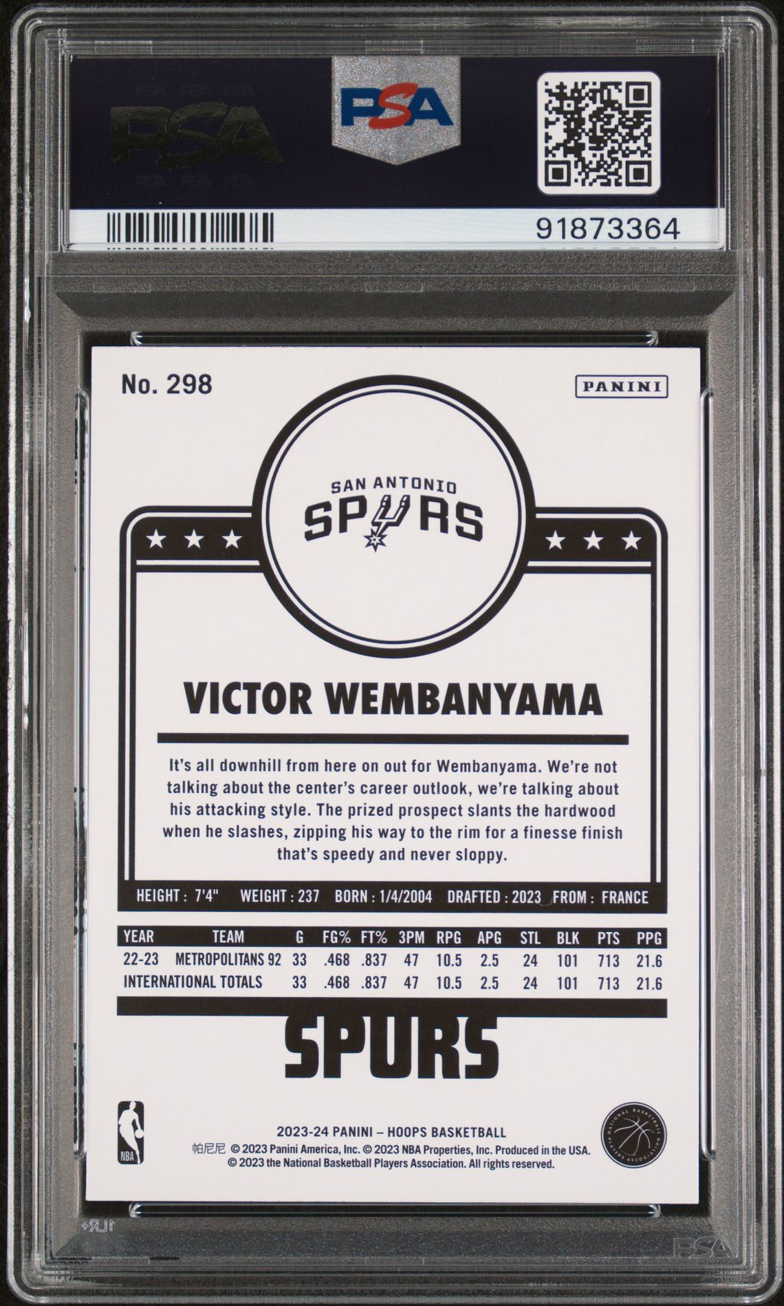2023 Panini Nba Hoops Victor Wembanyama #298 Gem Mt 10 back