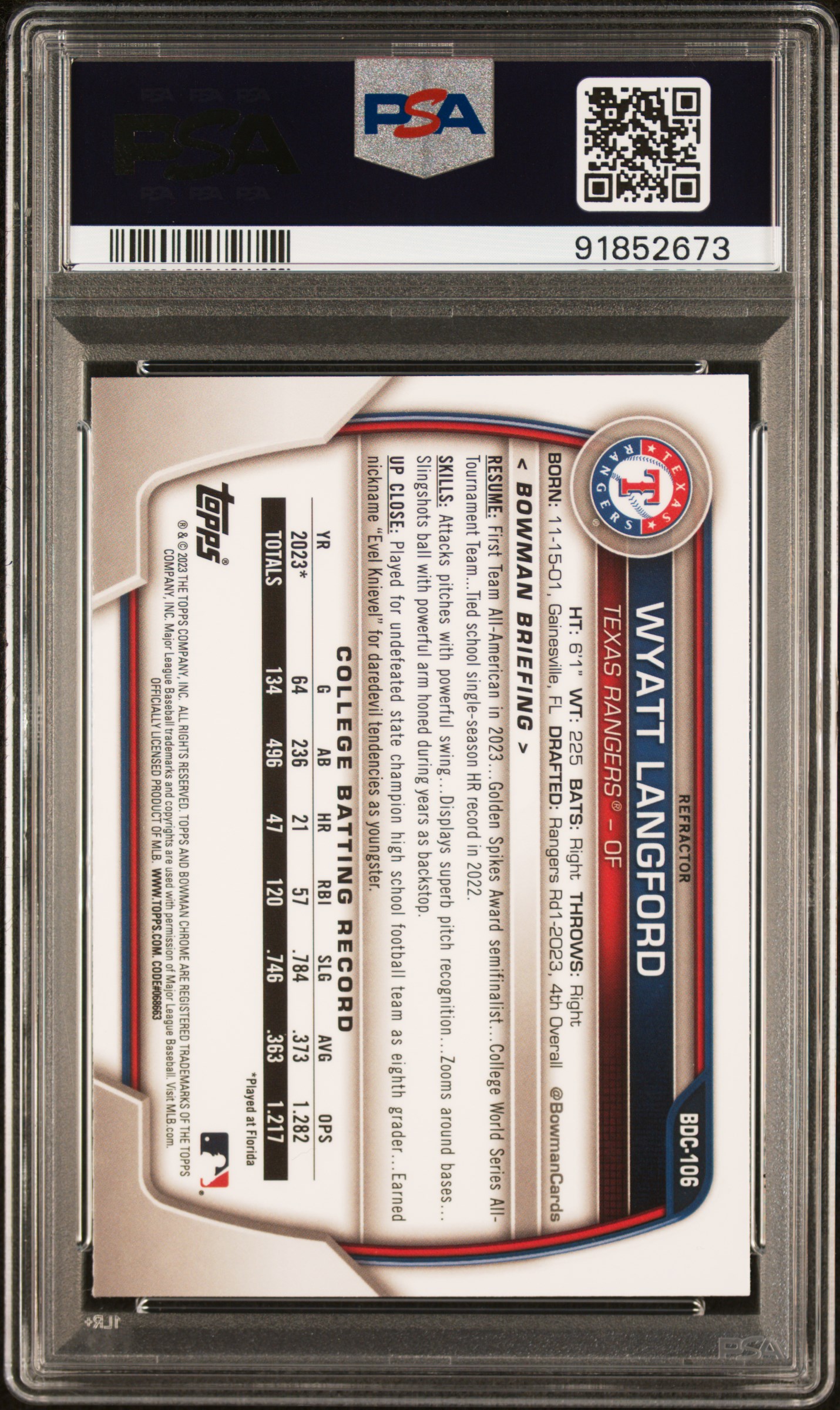 2023 Bowman Draft Wyatt Langford #Bdc106 (Chrome-Refractor) Gem Mt 10 back