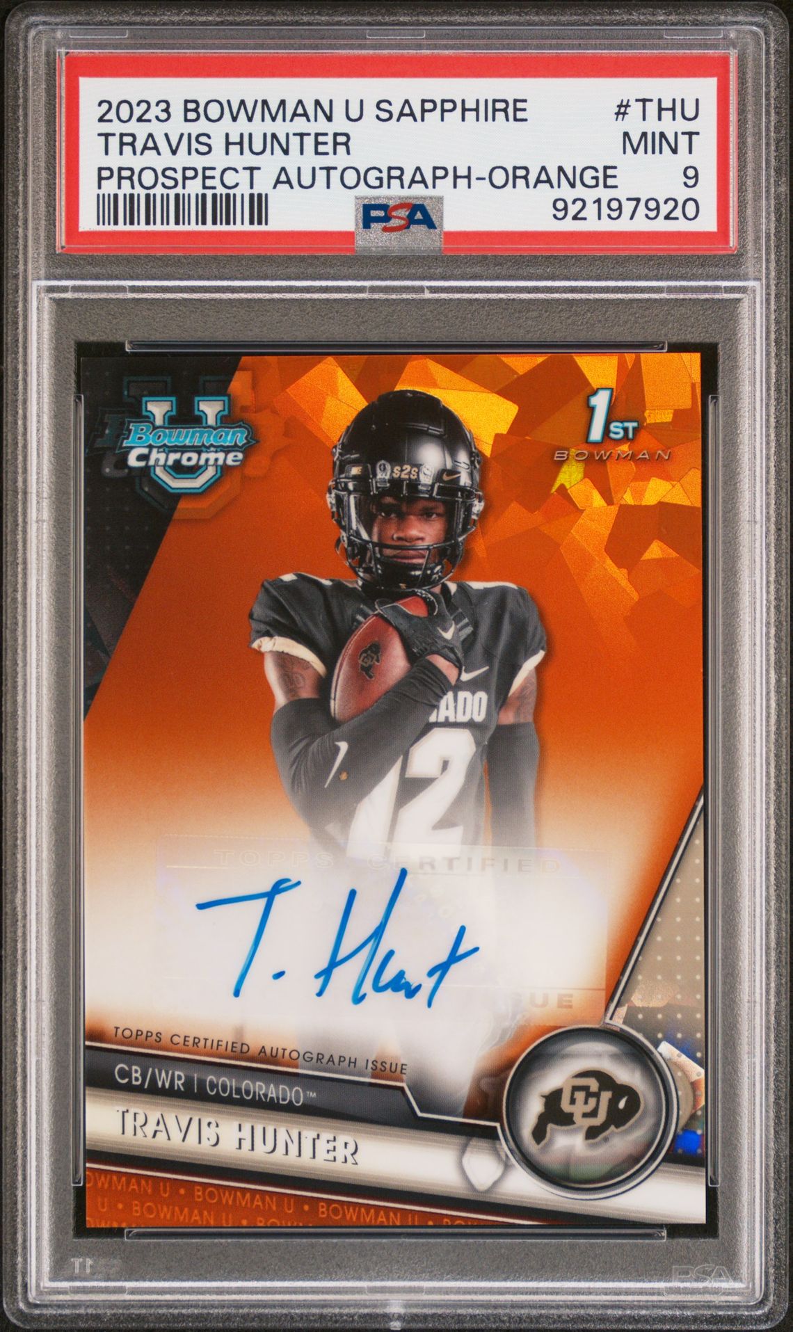 2023 Bowman BOWMAN UNIVERSITY CHROME SAPPHIRE PROSPECT AUTOGRAPH ORANGE #THU Travis Hunter front