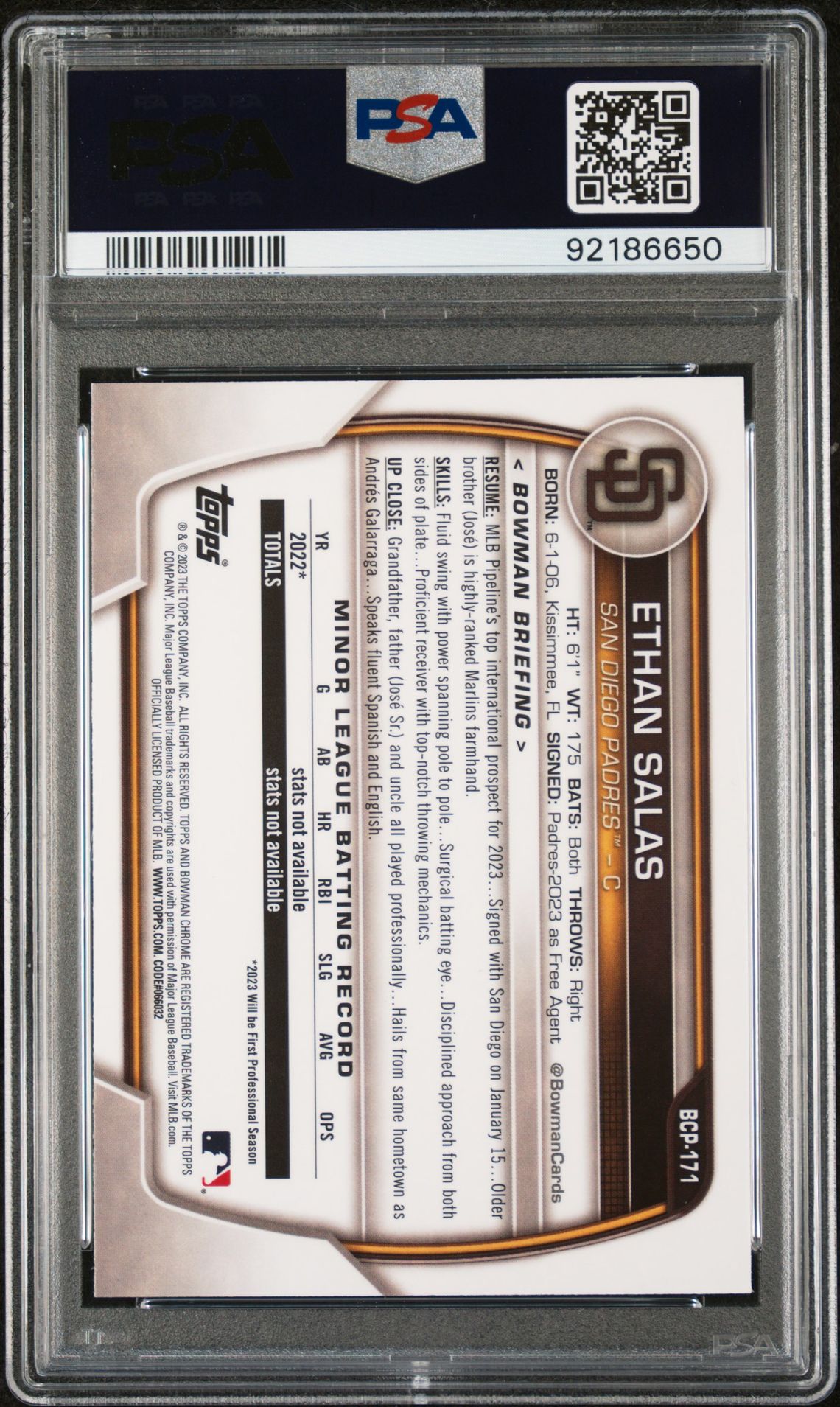 2023 Bowman Mega Box Chrome Ethan Salas #171 Gem Mt 10 back view - PSA certificate #92186650
