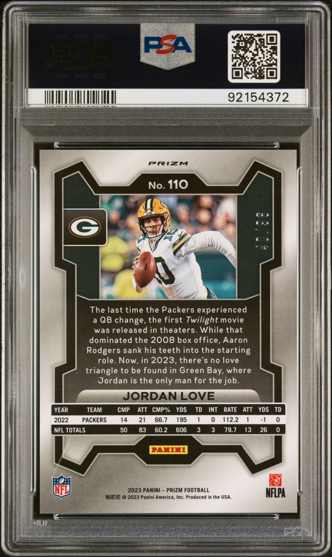 2023 Panini Prizm Jordan Love #110 (Blue Sparkle) Gem Mt 10 back