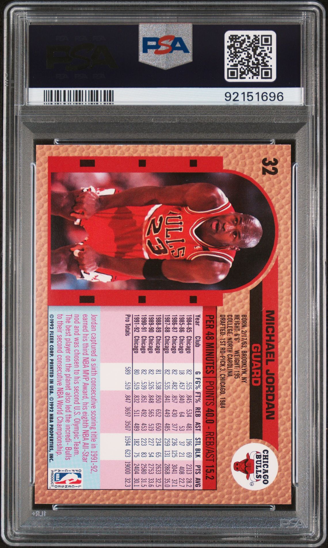 1992 Fleer Michael Jordan #32 Gem Mt 10 back