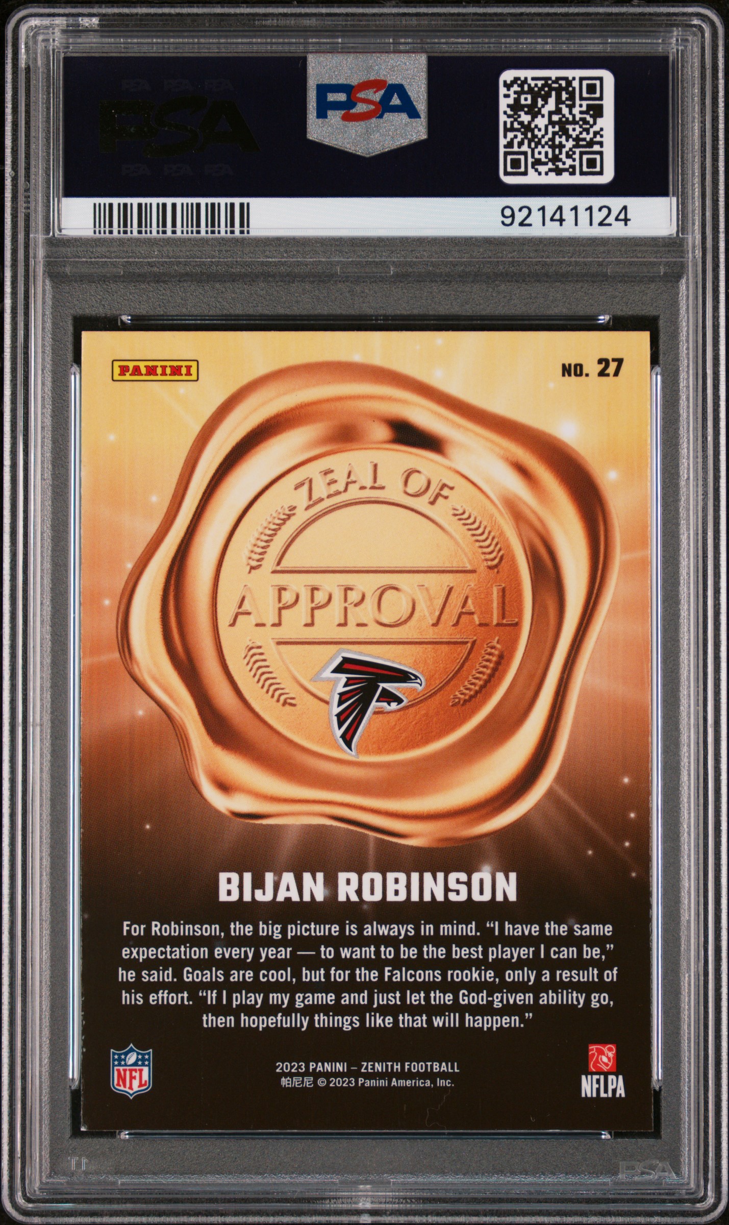 2023 Panini Zenith Zeal Of Approval Bijan Robinson #27 Mint 9 back