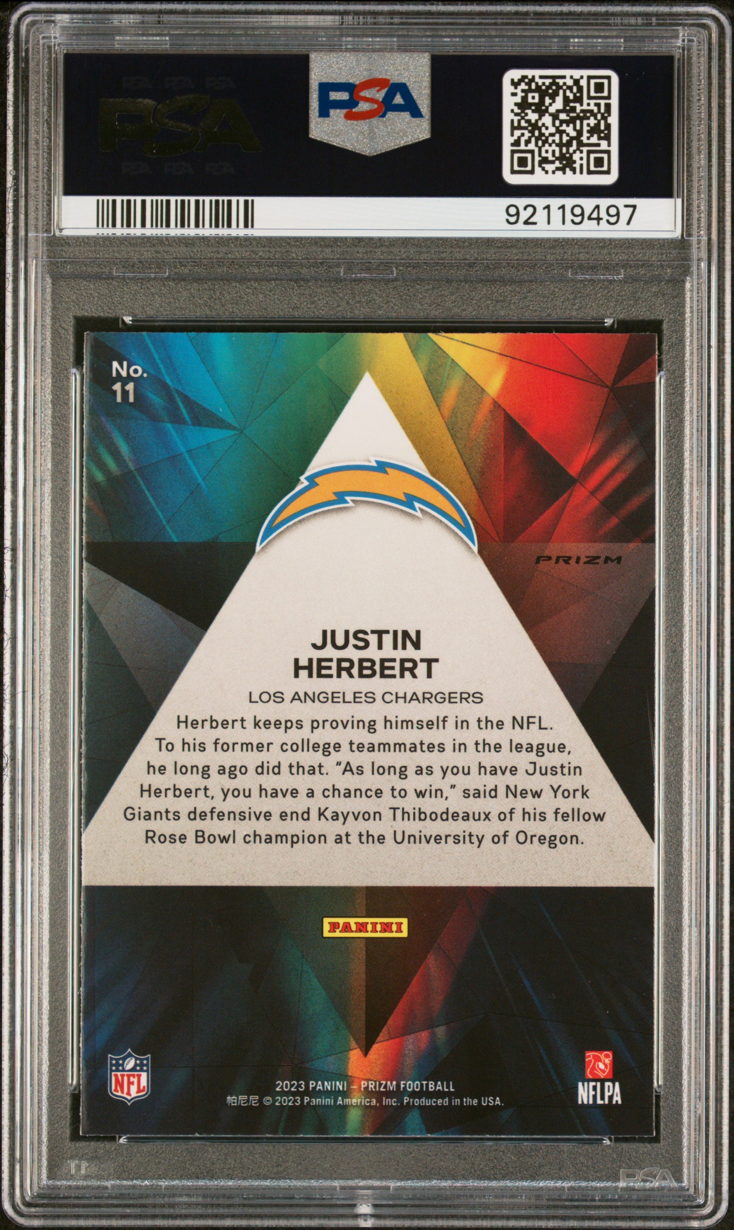 2023 Panini Prizm Prizmatic Justin Herbert #11 (Prizmatic-Green Ice) Gem Mt 10 back