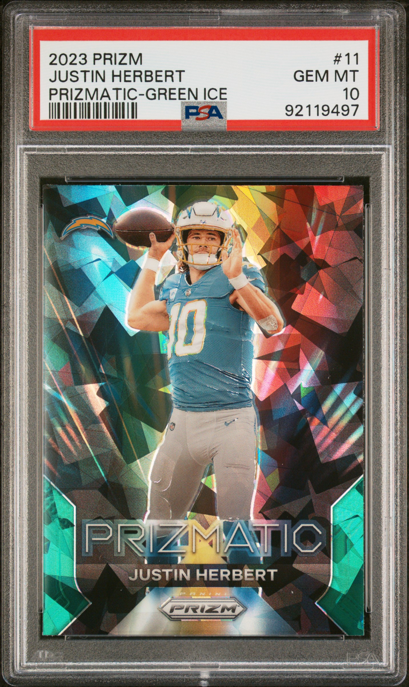 2023 Panini Prizm Prizmatic Justin Herbert #11 (Prizmatic-Green Ice) Gem Mt 10 front