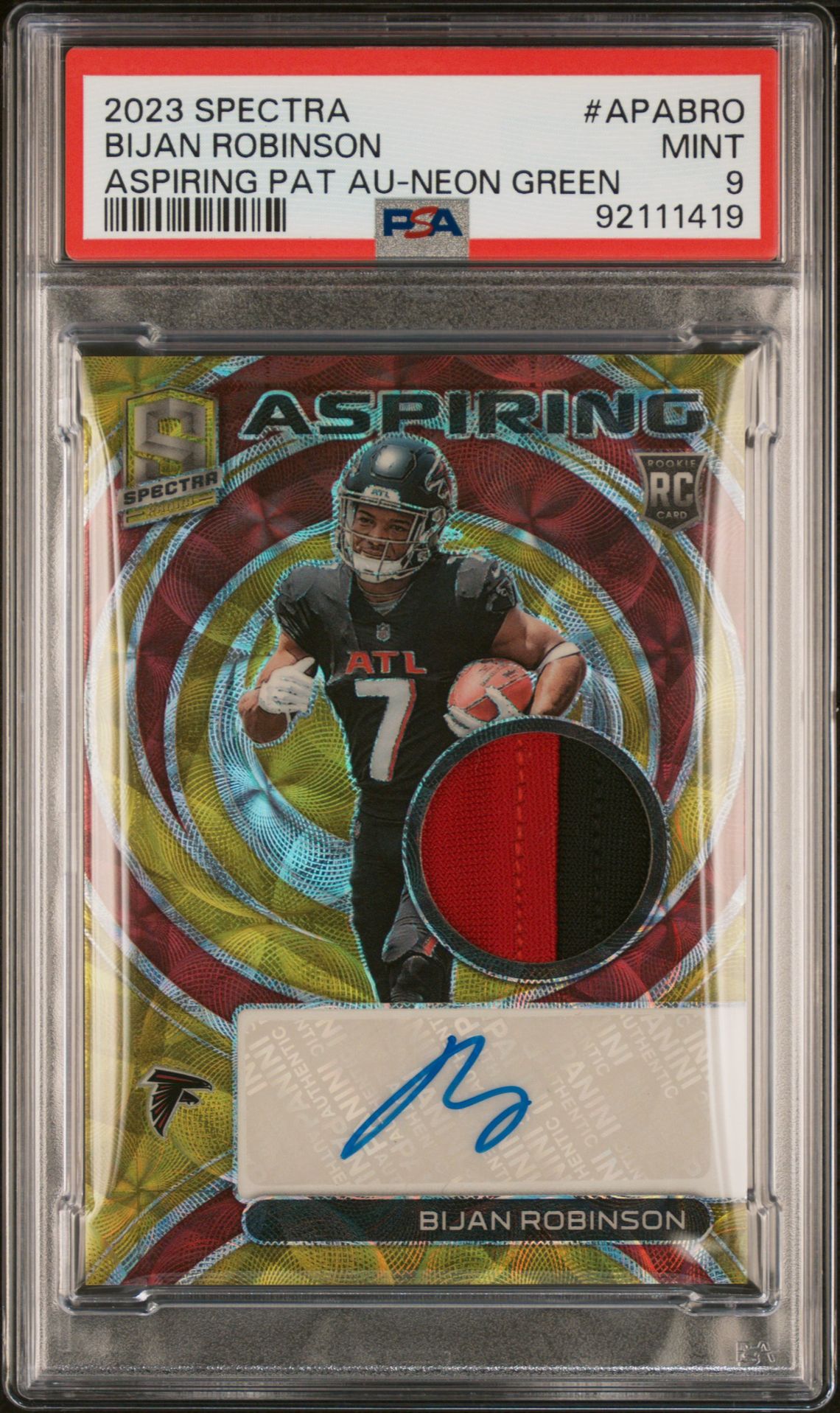 2023 Panini PANINI SPECTRA ASPIRING PATCH AUTOGRAPHS ASPIRING PAT AU-NEON GREEN #APABRO Bijan Robinson front