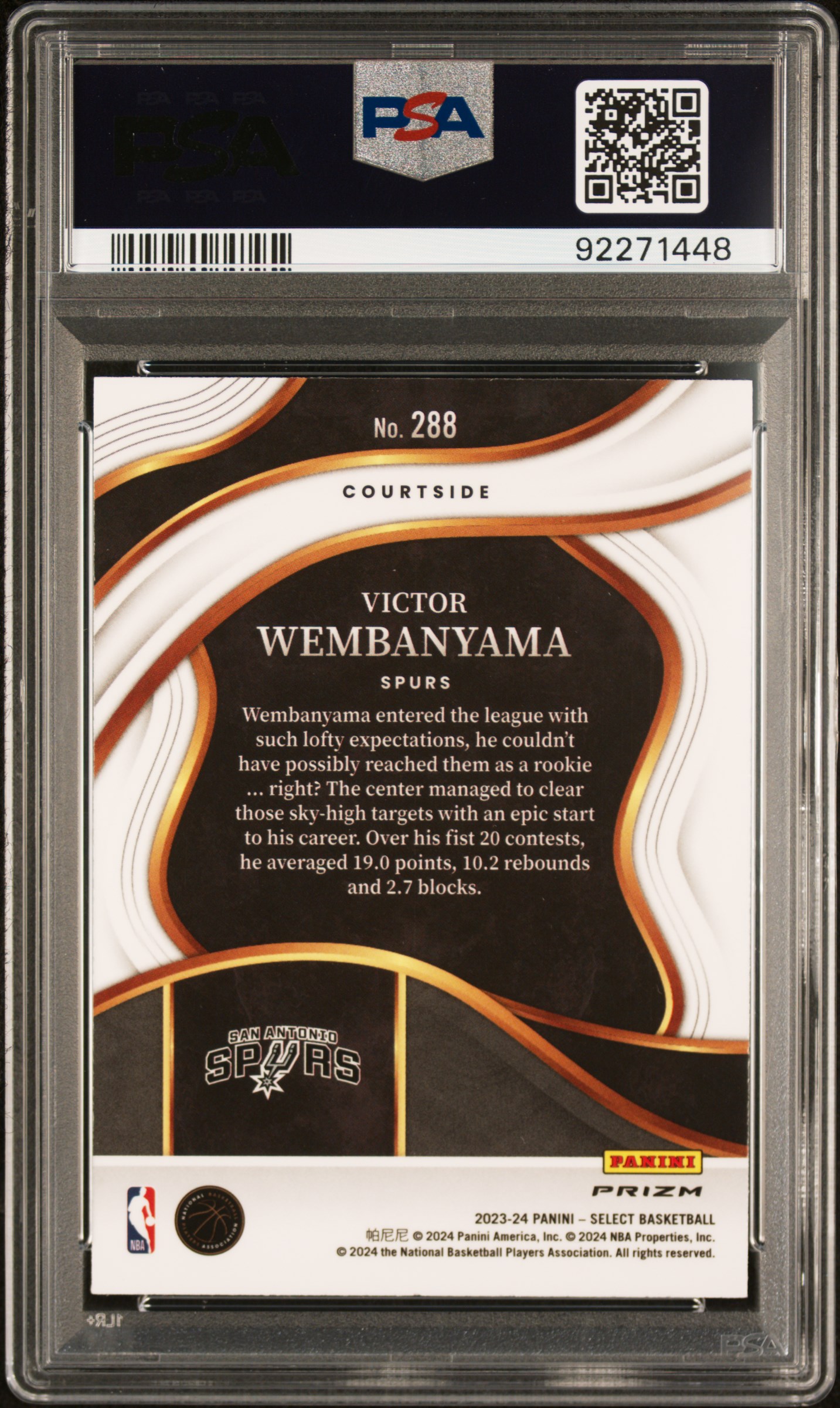 2023 Panini Select Victor Wembanyama #288 (Blue Cracked Ice) Gem Mt 10 back