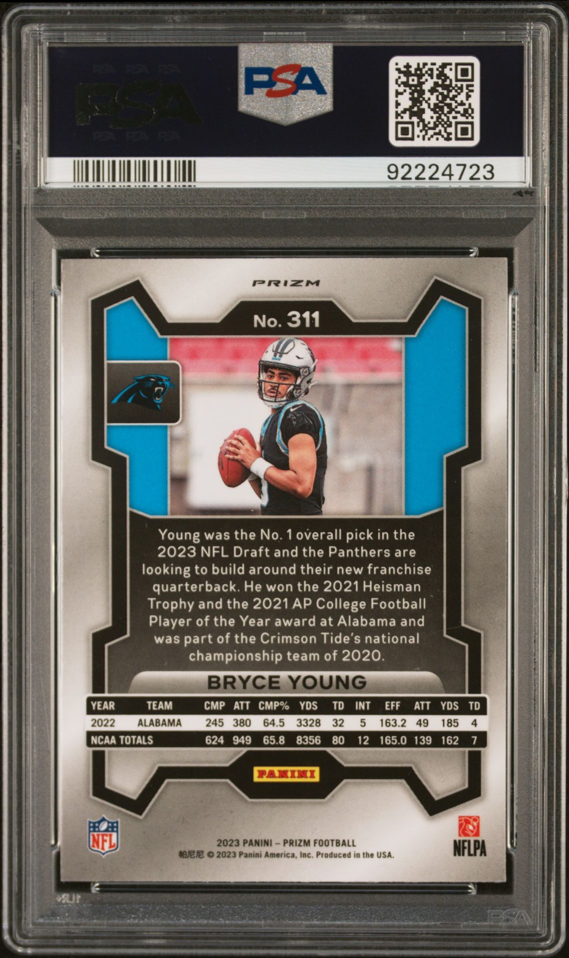 2023 Panini Prizm Bryce Young #311 (Silver Prizm) Gem Mt 10 back