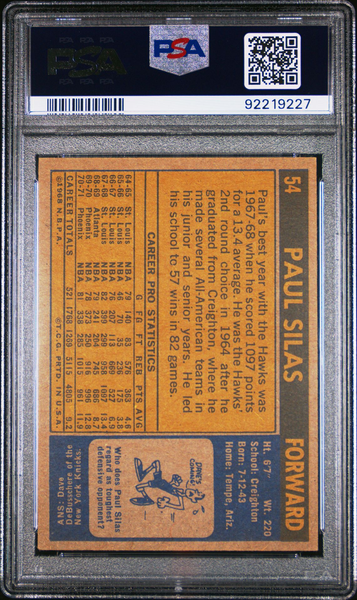 1971 Topps Paul Silas #54 Ex 5 back