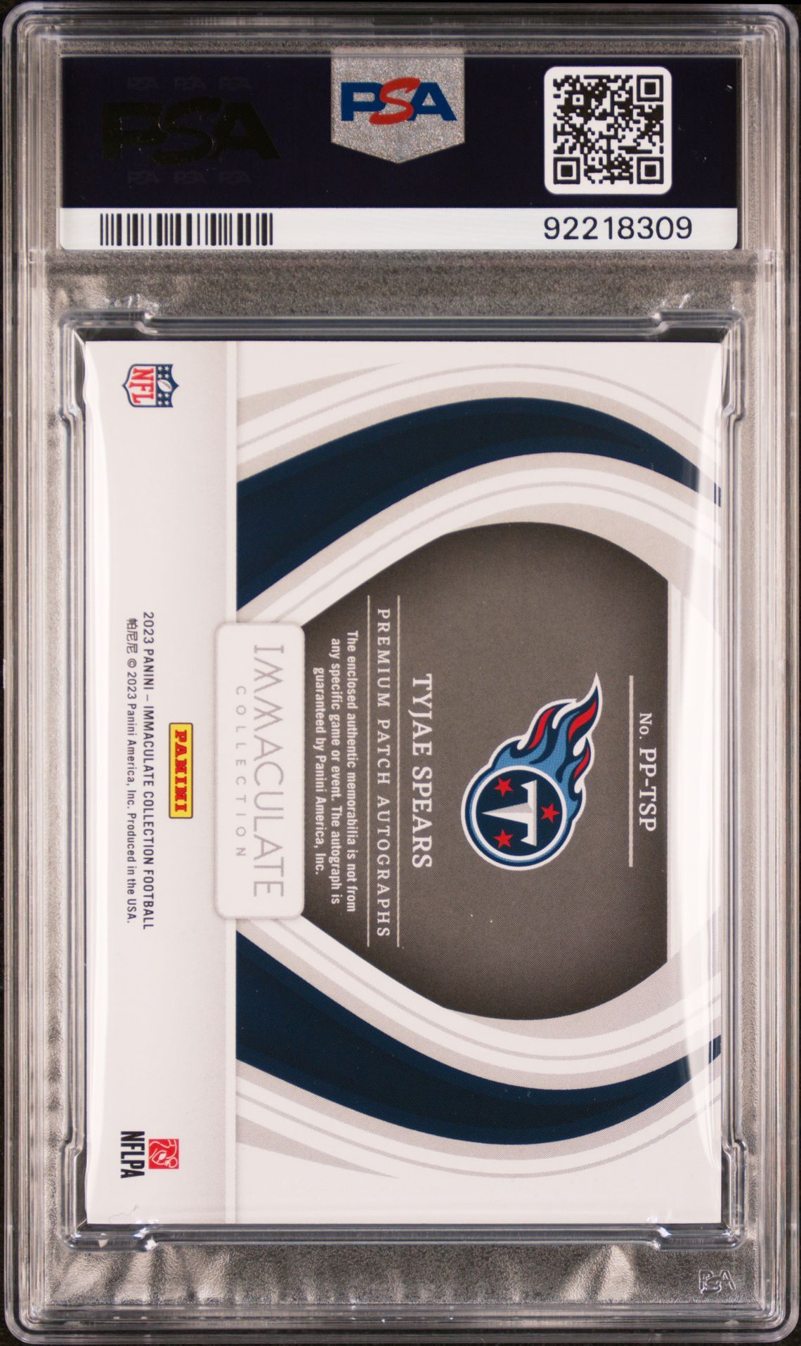 2023 Panini Immaculate Collection Premium Patch Rookie Autographs Tyjae Spears #Pptsp (Premium Patch Rk Auto-Gold) Mint 9 back