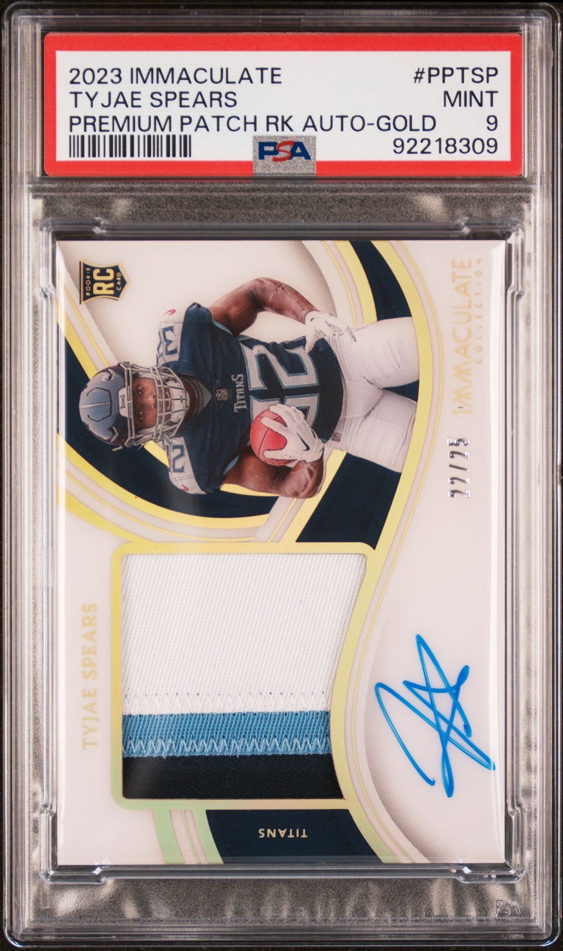 2023 Panini Immaculate Collection Premium Patch Rookie Autographs Tyjae Spears #Pptsp (Premium Patch Rk Auto-Gold) Mint 9 front