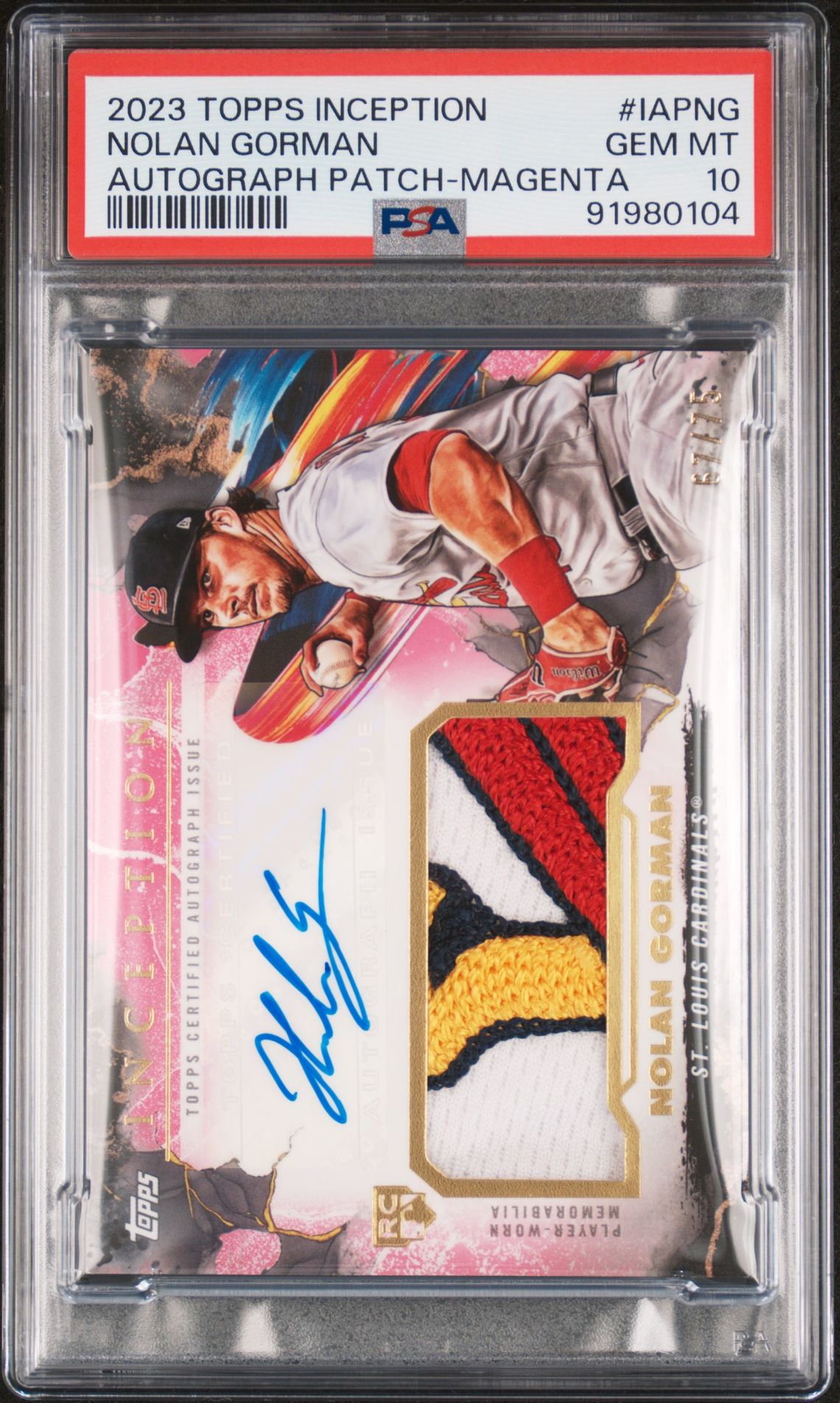 2023 Topps Inception Inception Autograph Patch Nolan Gorman #Iapng (Autograph Patch-Magenta) Gem Mt 10 front view - PSA graded GEM MT 10