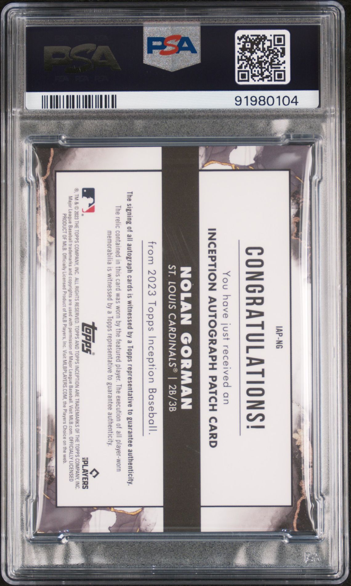 2023 Topps Inception Inception Autograph Patch Nolan Gorman #Iapng (Autograph Patch-Magenta) Gem Mt 10 back view - PSA certificate #91980104