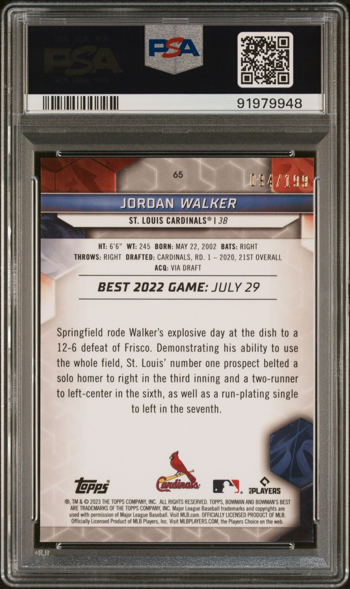 2023 Bowman's Best Jordan Walker #65 (Aqua Lava) Mint 9 back