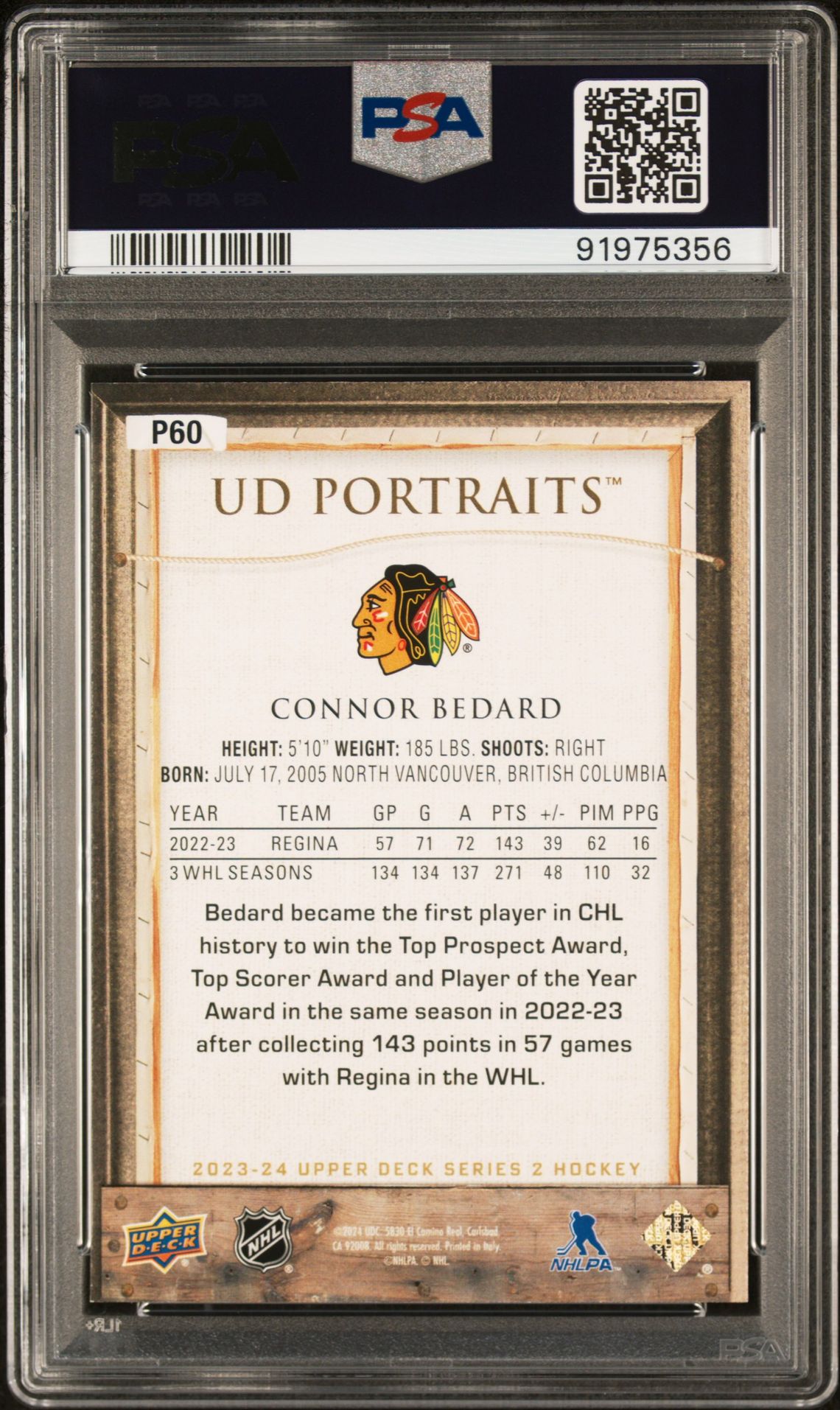 2023 Upper Deck Ud Portraits Connor Bedard #P60 Gem Mt 10 back