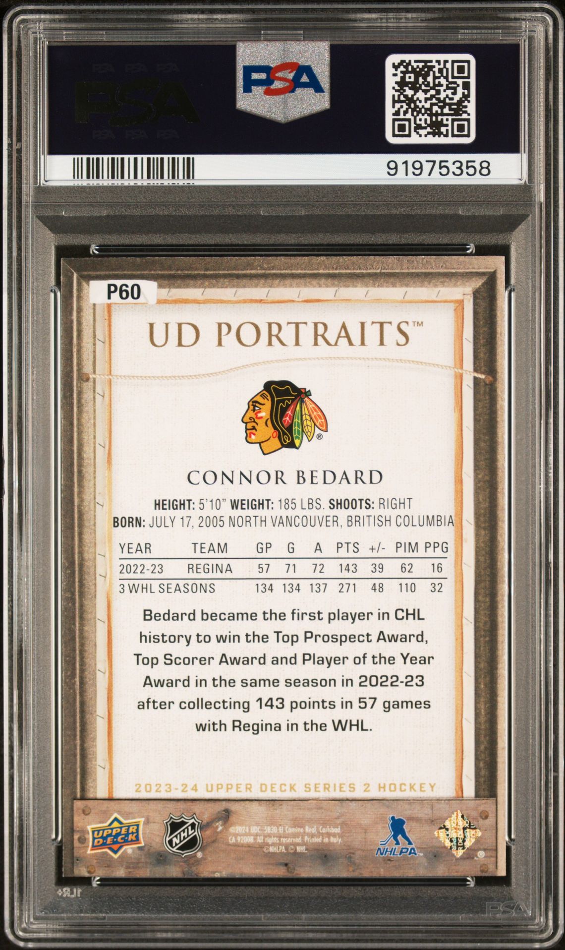 2023 Upper Deck Ud Portraits Connor Bedard #P60 Gem Mt 10 back