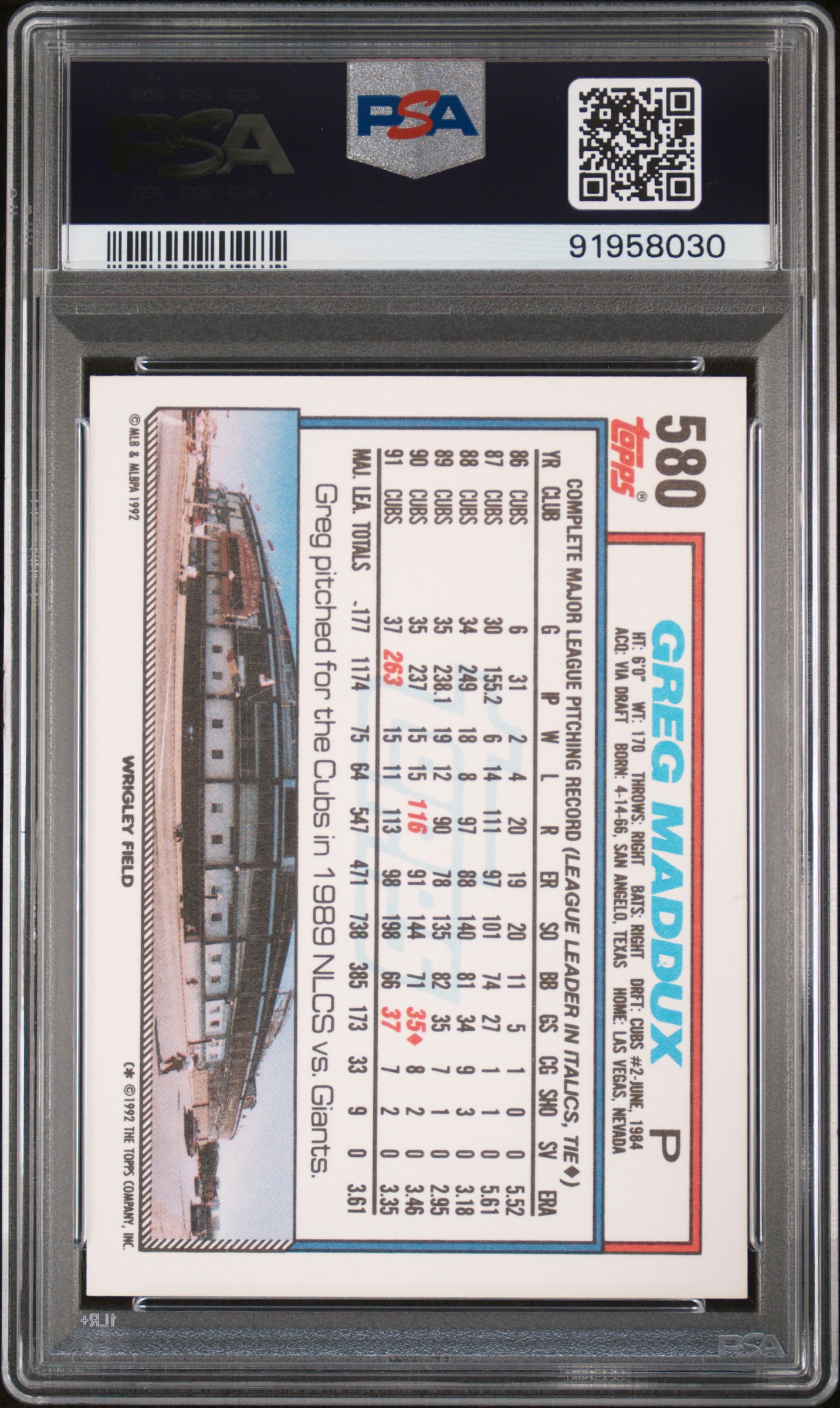 1992 Topps Greg Maddux #580 Mint 9 back