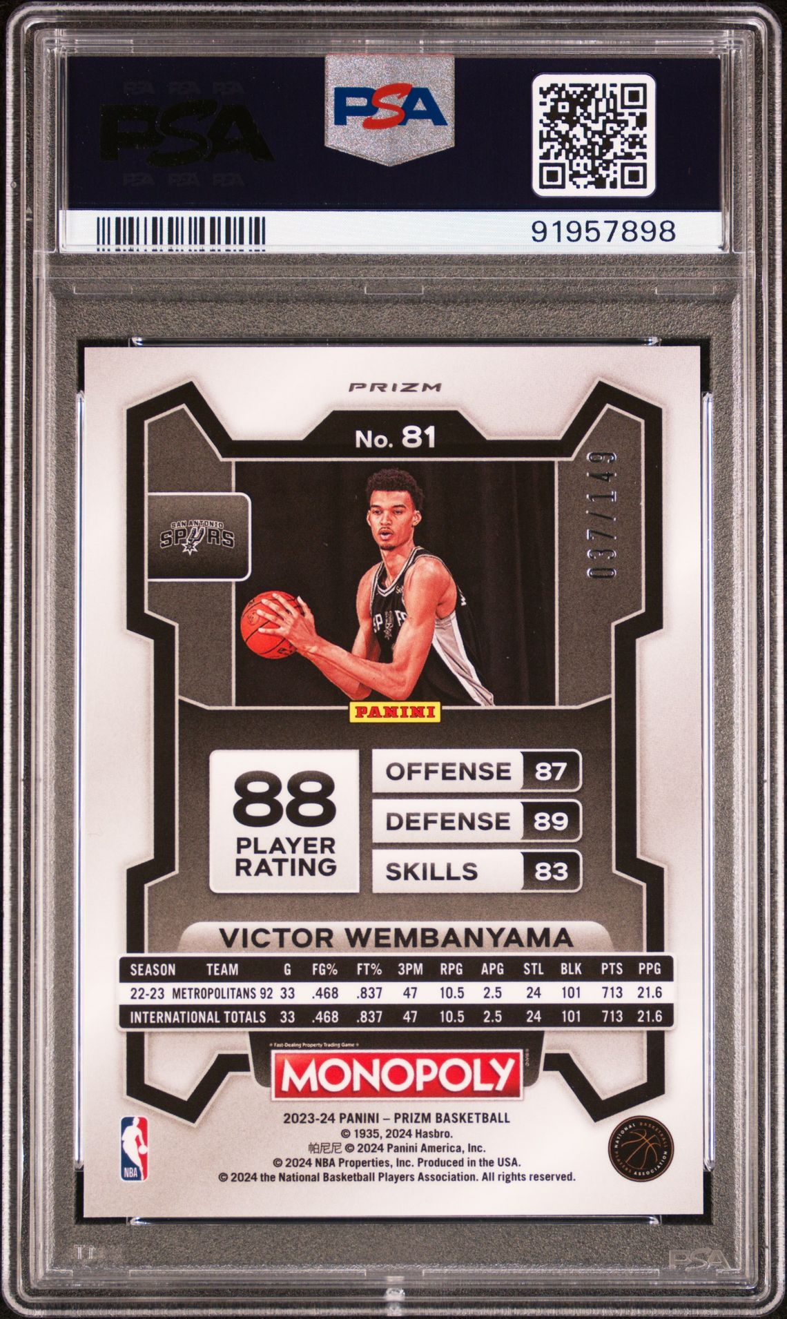 2023 Panini Prizm Monopoly Victor Wembanyama #81 (Pink) Gem Mt 10 back