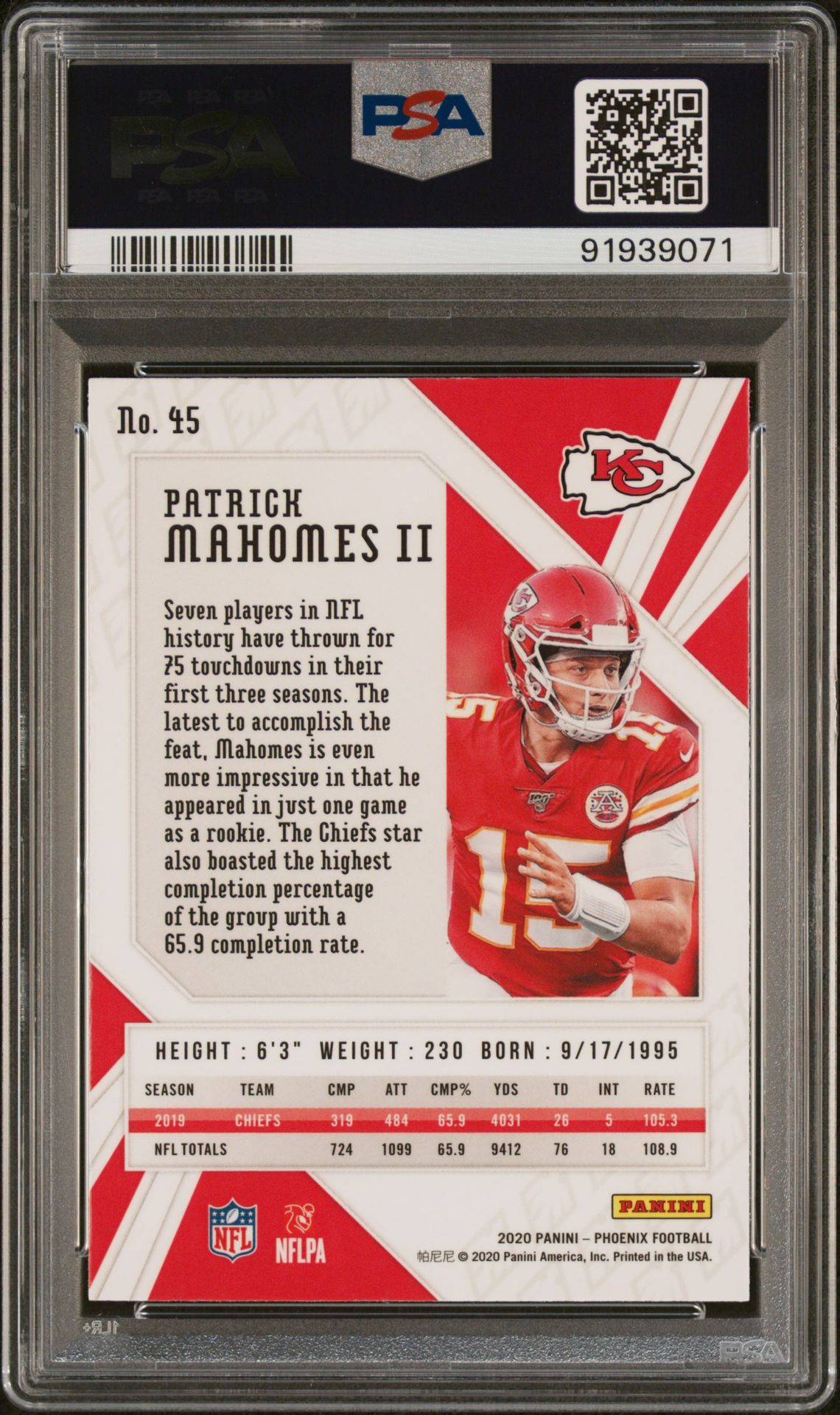 2020 Panini Phoenix Patrick Mahomes Ii #45 (Fire Burst) Gem Mt 10 back