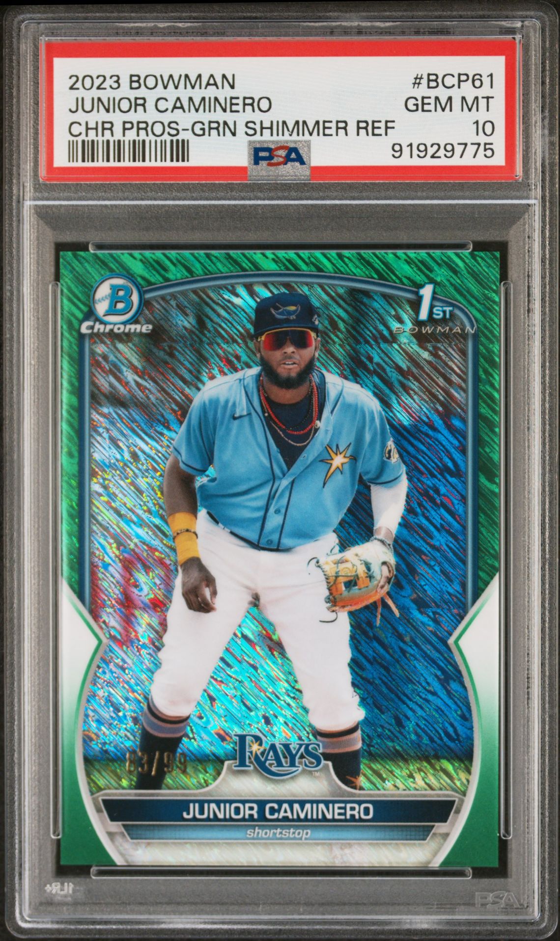 2023 Bowman BOWMAN CHROME PROSPECTS GREEN SHIMMER #BCP61 Junior Caminero front