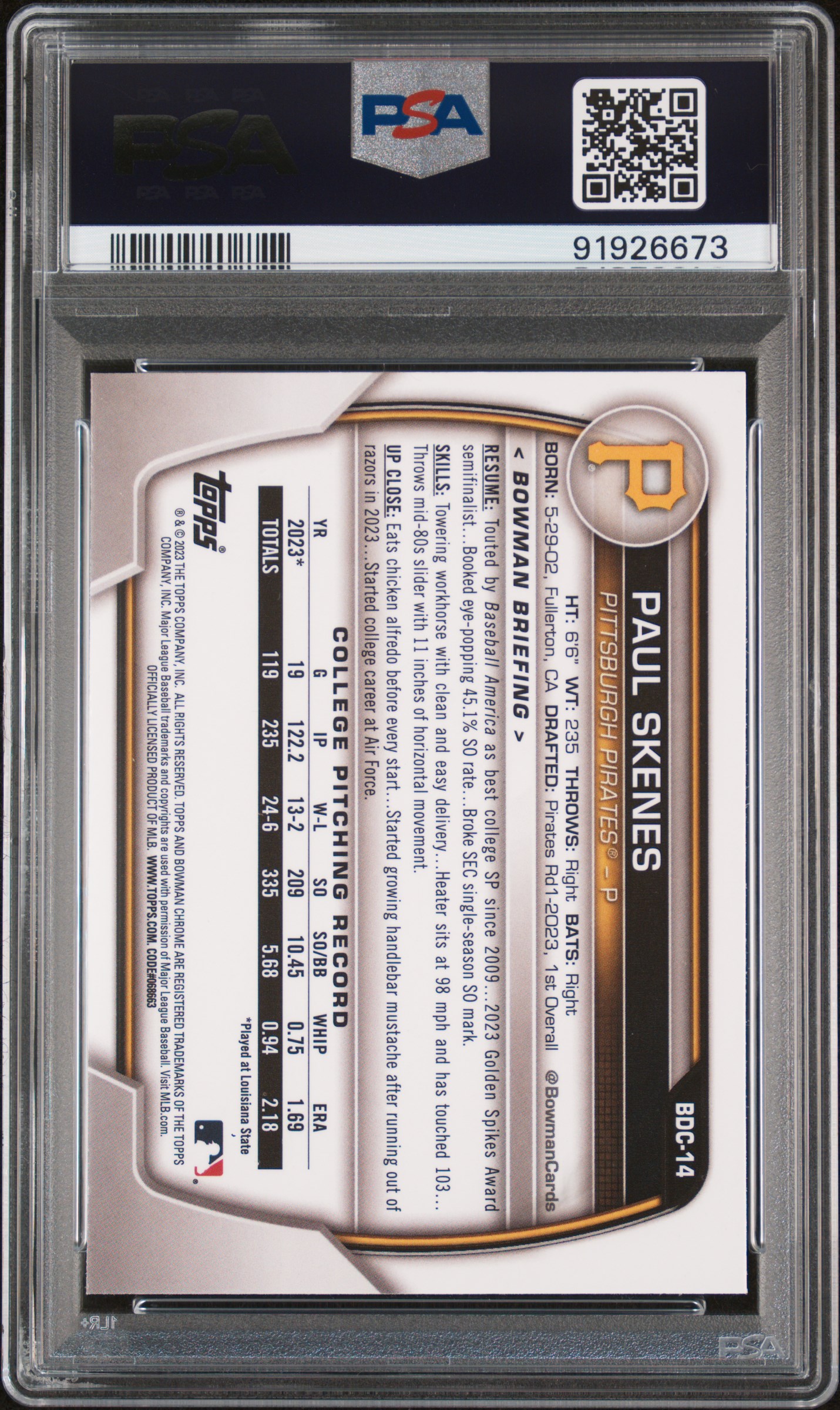 2023 Bowman Draft Paul Skenes #Bdc14 (Chrome) Gem Mt 10 back