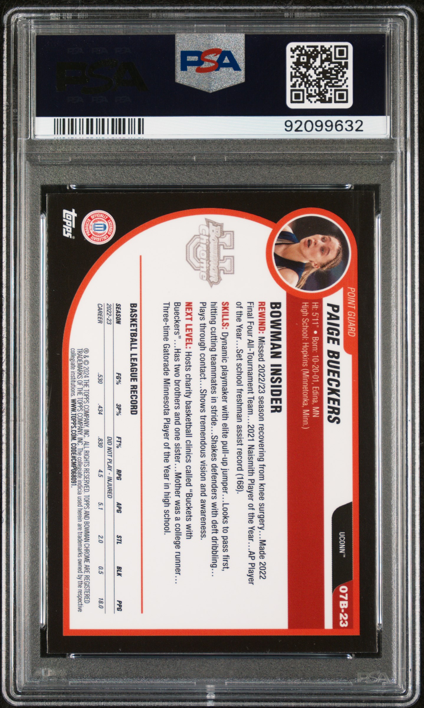 2023 Bowman University Chrome 2007-08 Bowman Paige Bueckers #07B23 (2007-08 Bowman-X-Fractor) Gem Mt 10 back