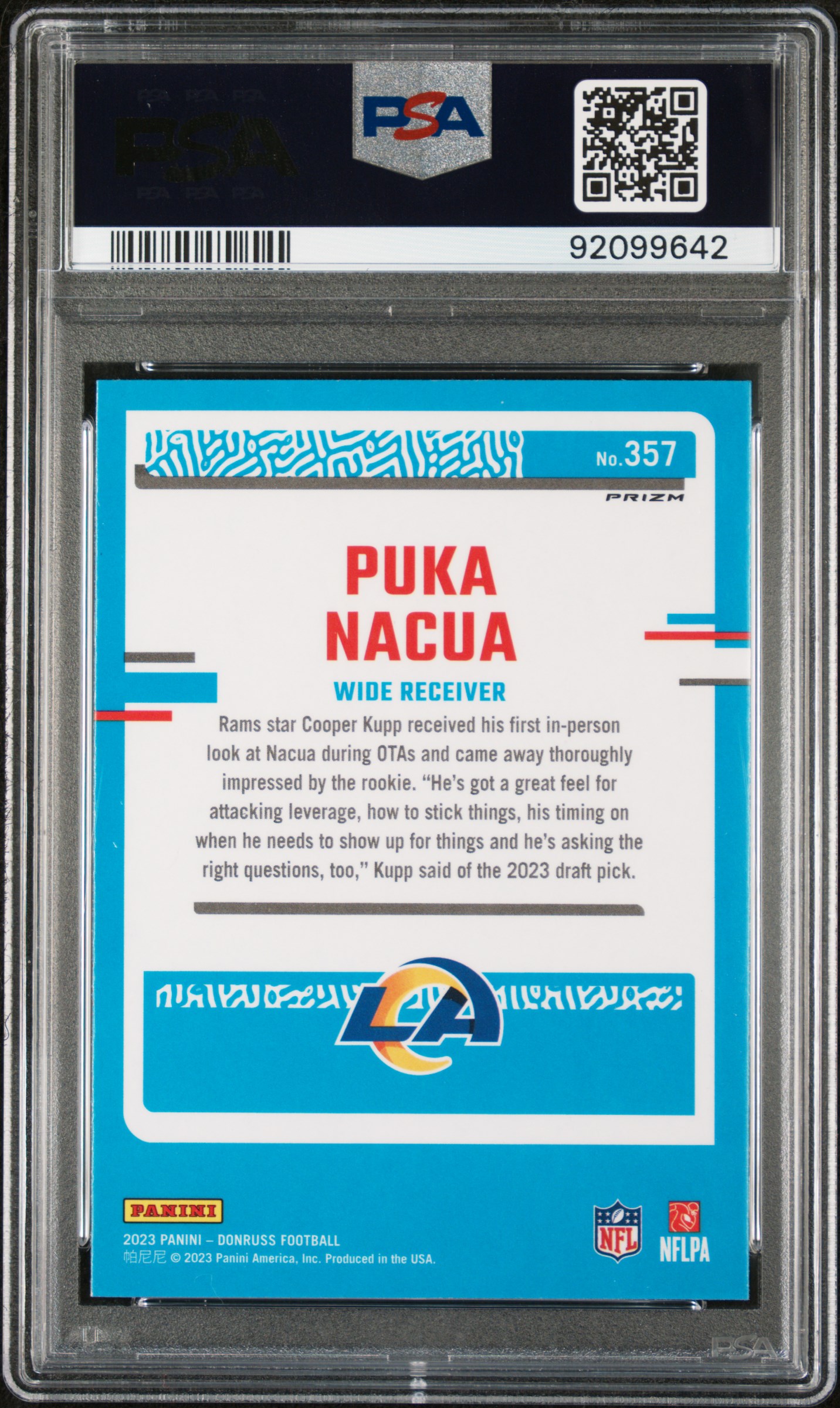 2023 Panini Donruss Puka Nacua #357 (Optic Preview-Red & Green) Gem Mt 10 back