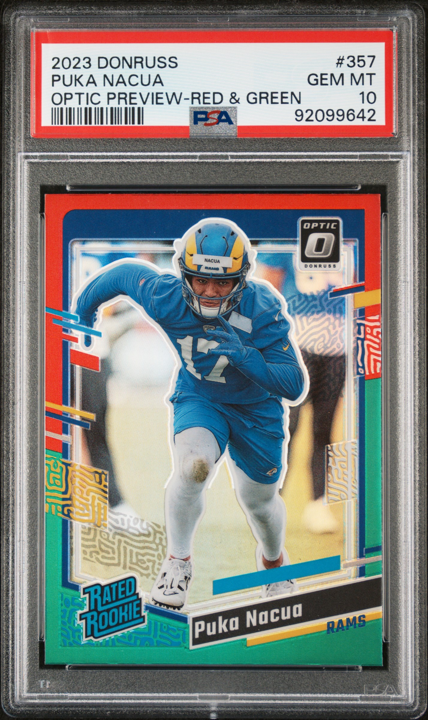 2023 Panini Donruss Puka Nacua #357 (Optic Preview-Red & Green) Gem Mt 10 front