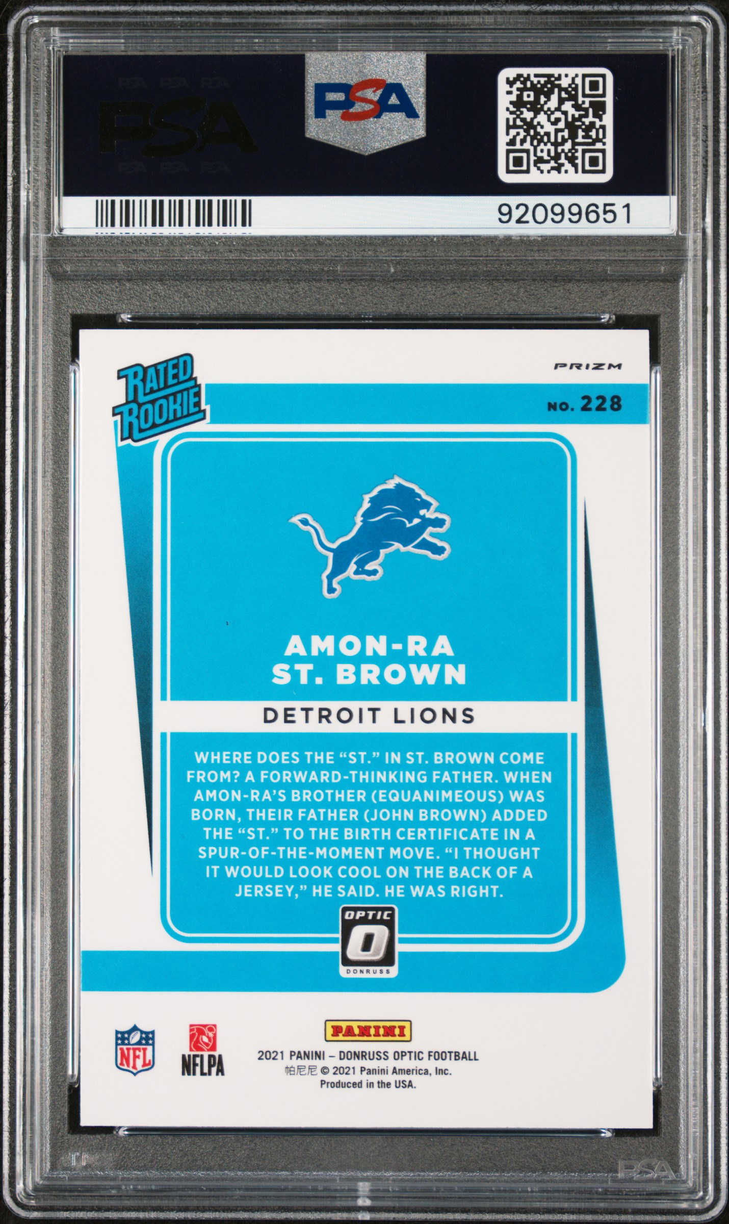 2021 Panini Donruss Optic Amon-Ra St. Brown #228 (Blue Scope) Mint 9 back