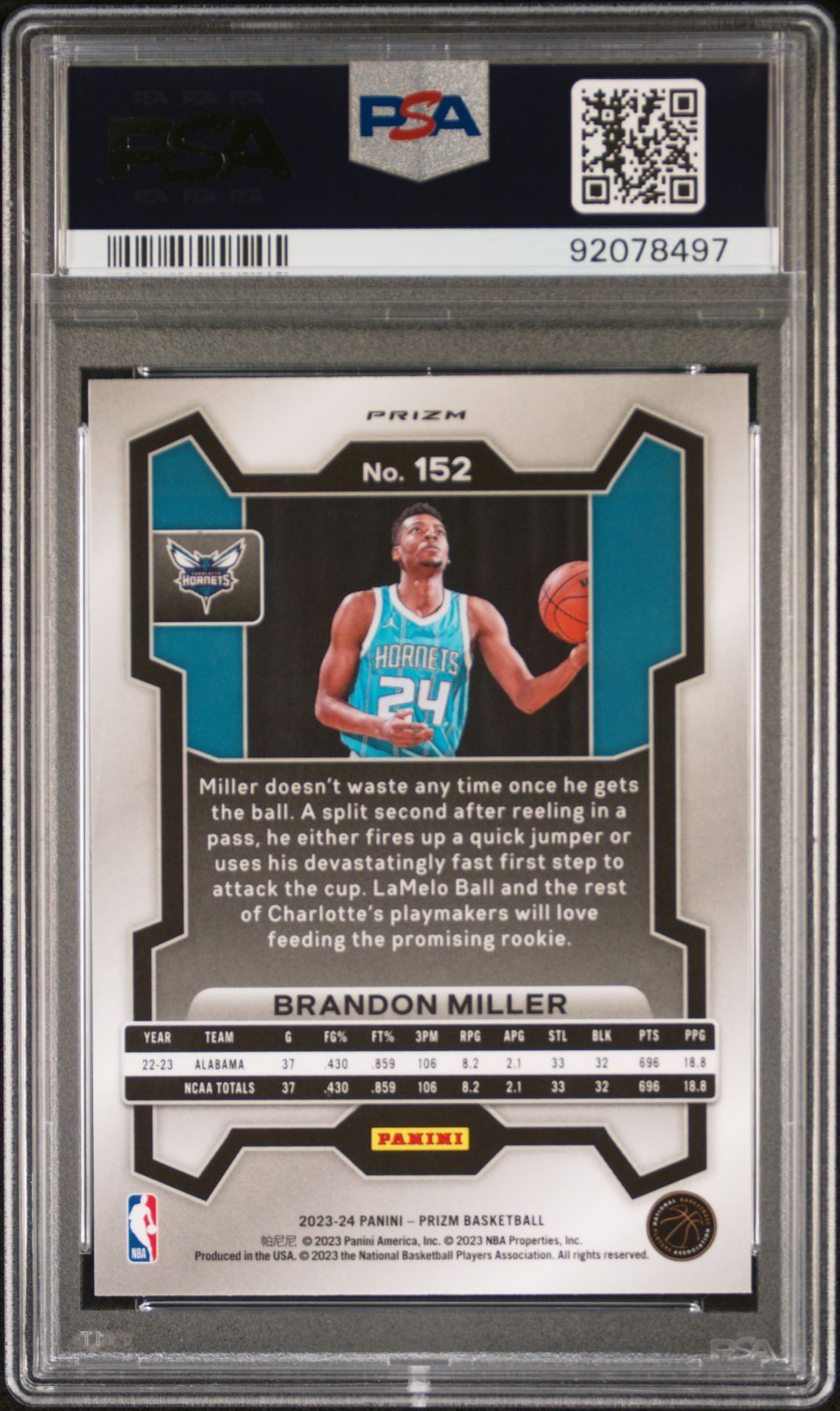 2023 Panini Prizm Brandon Miller #152 (Silver Prizm) Gem Mt 10 back view - PSA certificate #92078497
