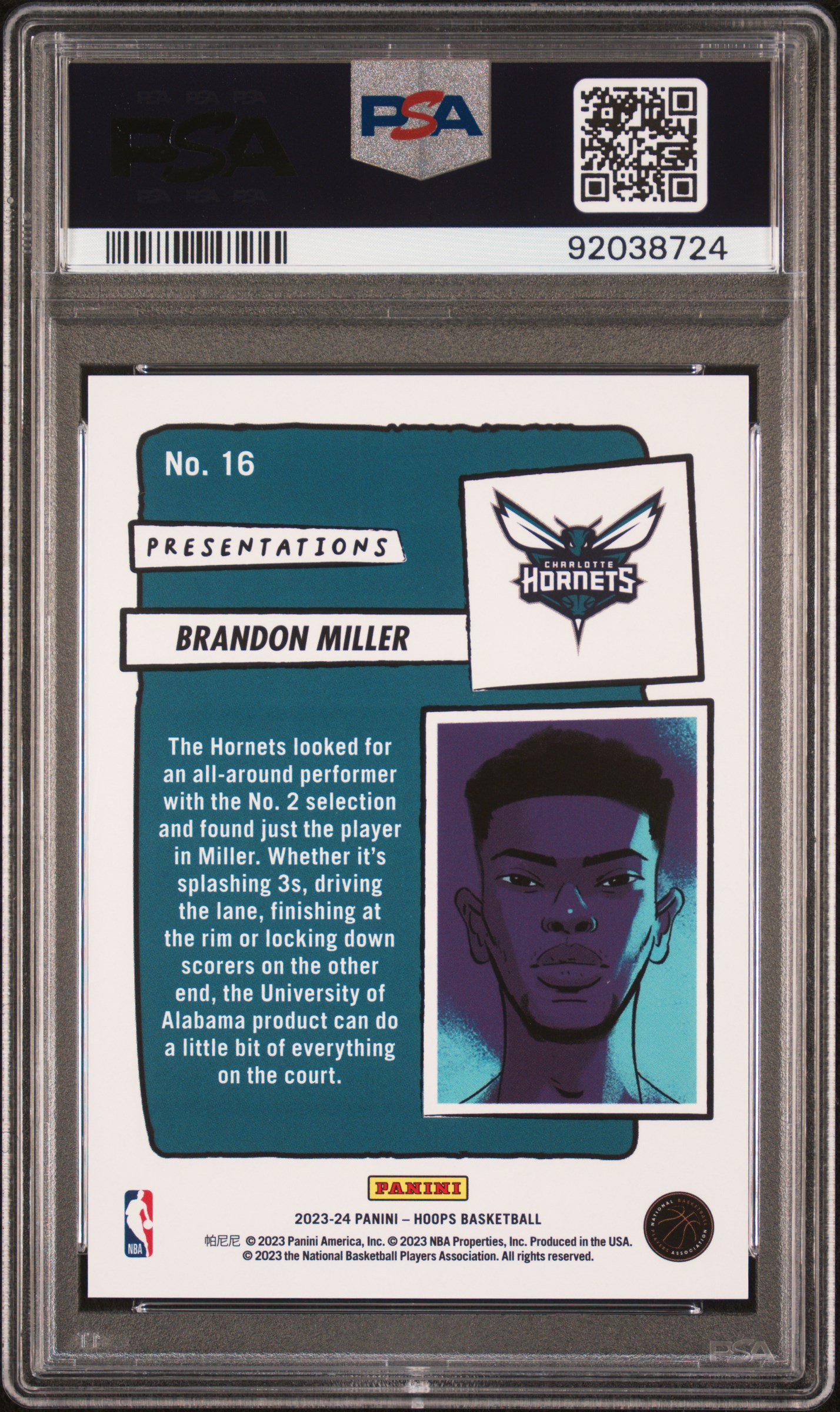 2023 Panini Nba Hoops Presentations Brandon Miller #16 Gem Mt 10 back