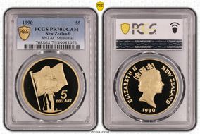 1990 $5 ANZAC Memorial KM-71 Soldier & Flag PR70DCAM