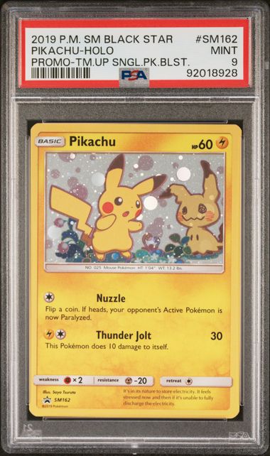 2019 POKEMON SM BLACK STAR PROMO #SM162 PIKACHU-HOLO PROMO-TM.UP SNGL.PK.BLST. (PSA 9) (PSA 9) – 92018928