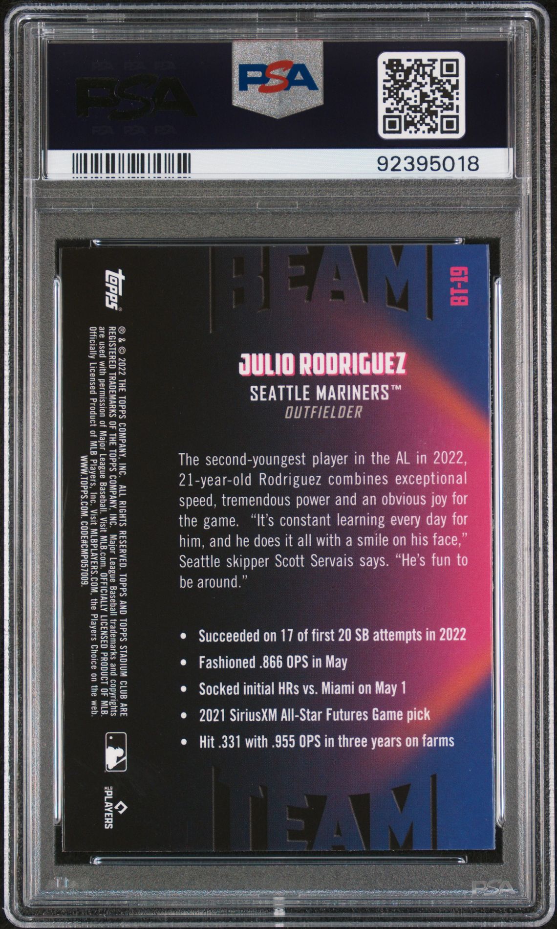 2022 Topps Stadium Club Chrome Beam Team Julio Rodriguez #Bt19 (Beam Team) Gem Mt 10 back