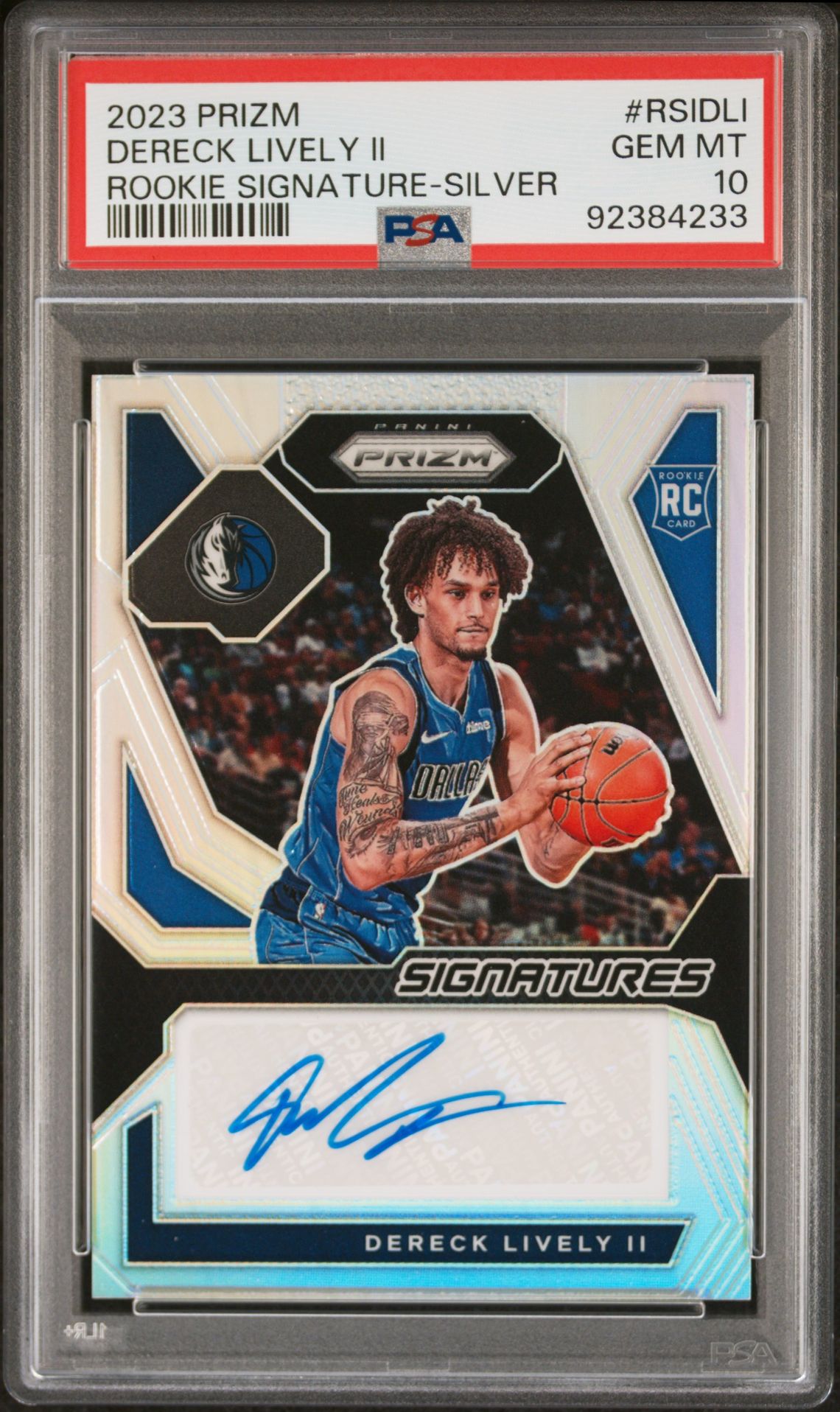 2023 Panini Prizm Rookie Signatures Dereck Lively Ii #Rsidli (Rookie Signature-Silver) Gem Mt 10 front view - PSA graded GEM MT 10