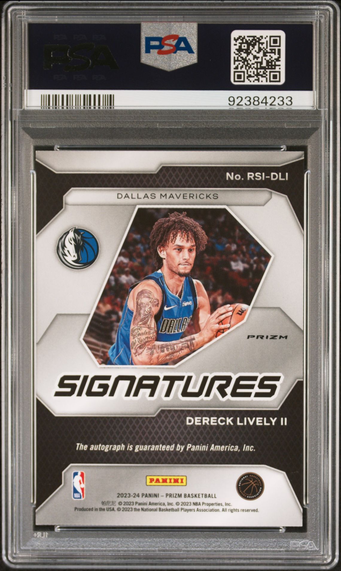 2023 Panini Prizm Rookie Signatures Dereck Lively Ii #Rsidli (Rookie Signature-Silver) Gem Mt 10 back view - PSA certificate #92384233