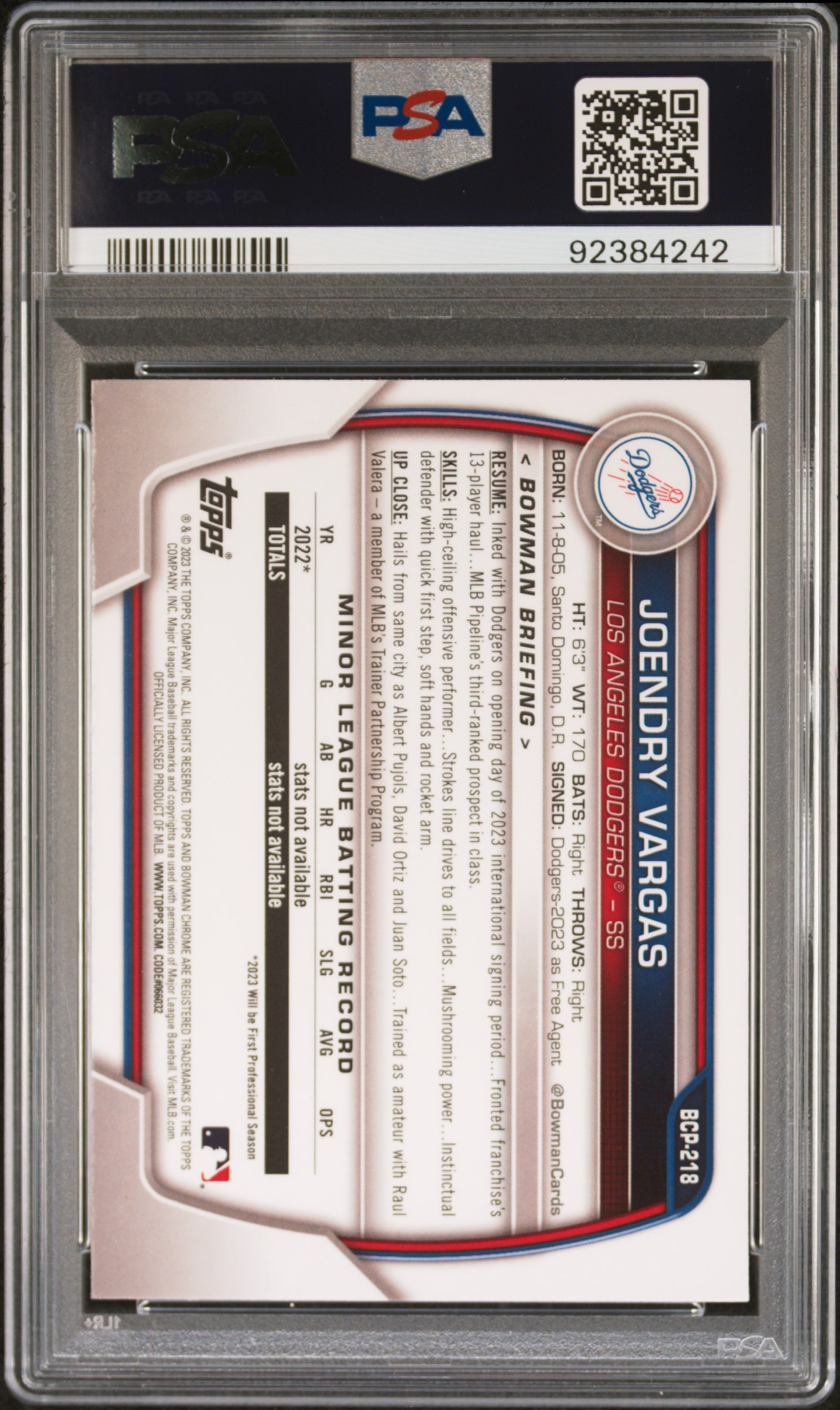 2023 Bowman Mega Box Chrome Joendry Vargas #218 Gem Mt 10 back