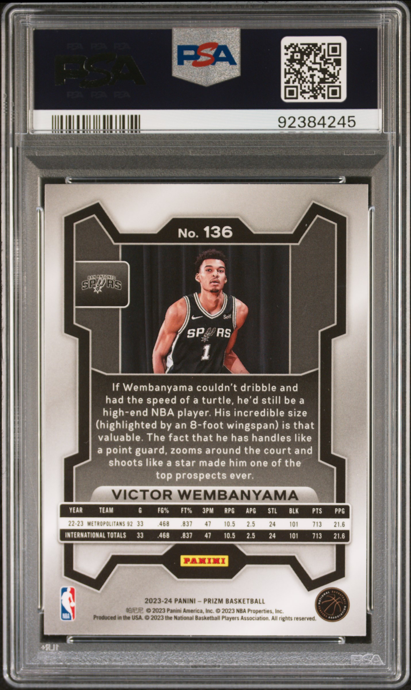 2023 Panini Prizm Victor Wembanyama #136 Gem Mt 10 back