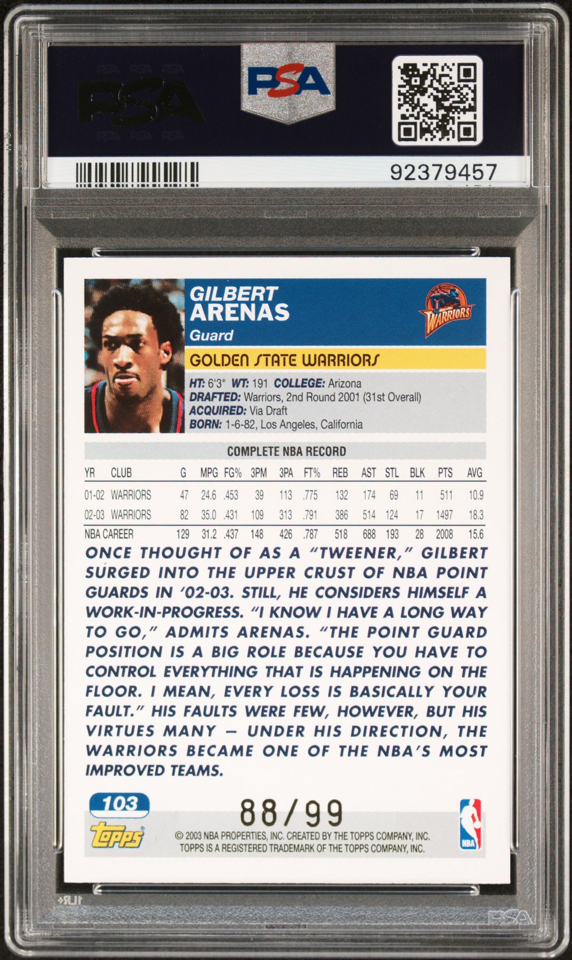 2003 Topps Gilbert Arenas #103 (Gold) Mint 9 back