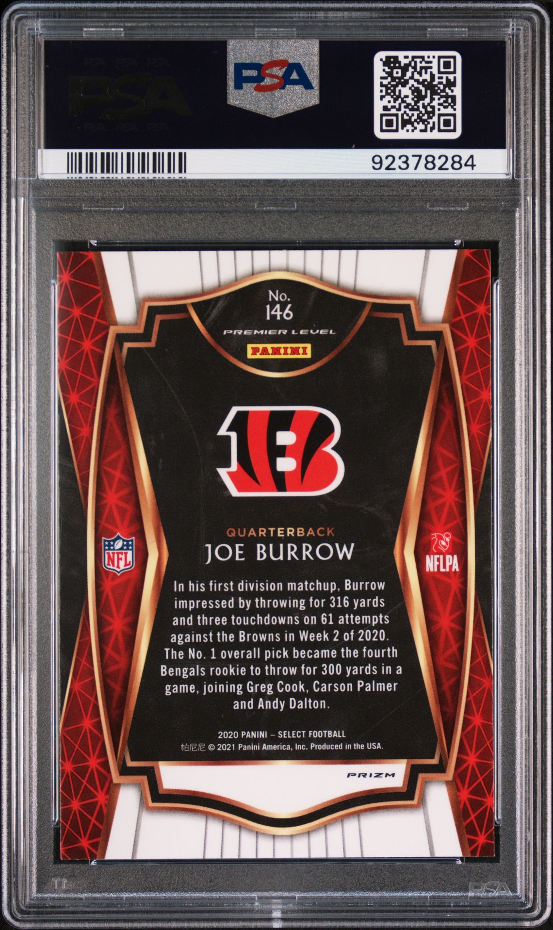 2020 Panini Select Joe Burrow #146 (Silver Prizm) Gem Mt 10 back