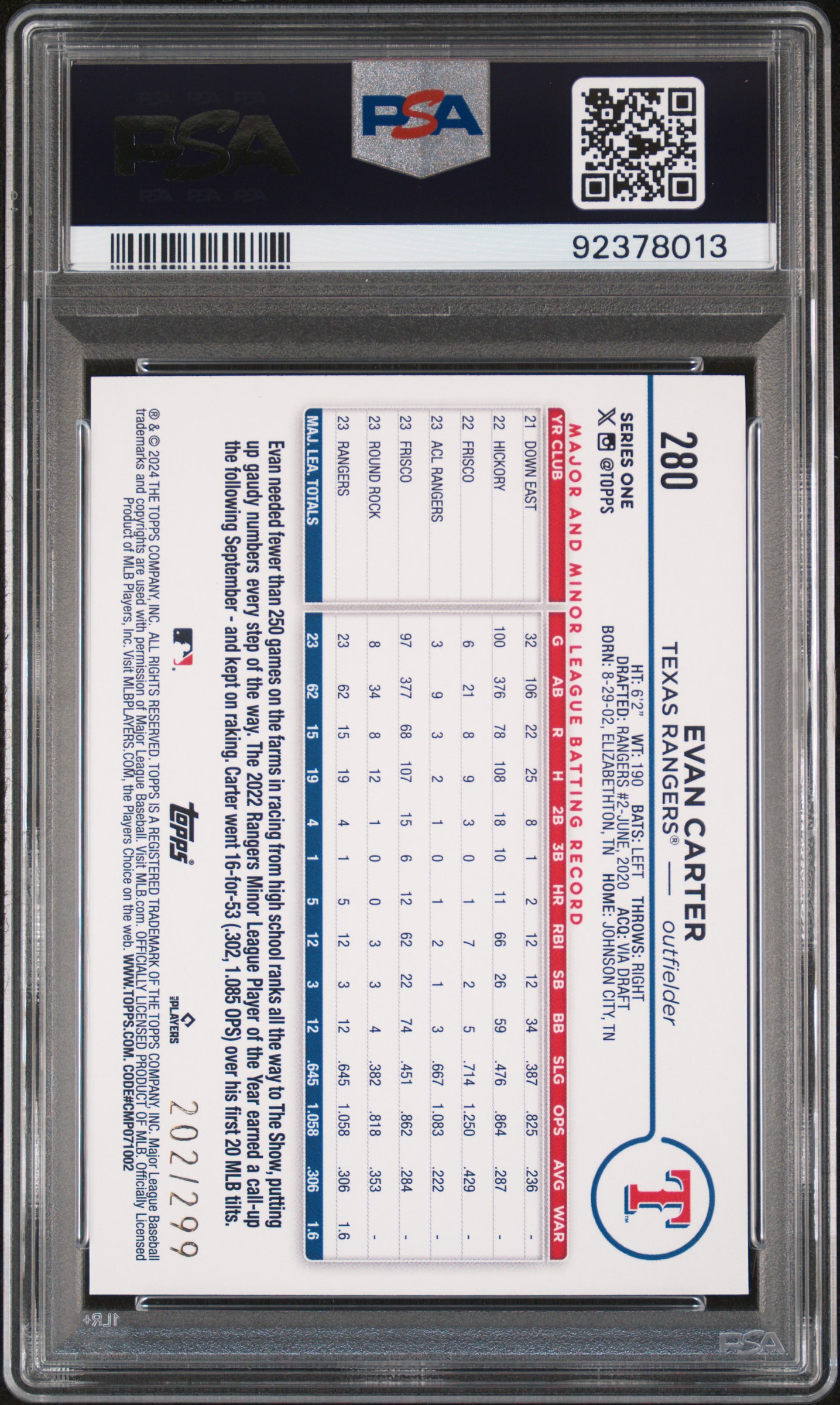 2024 Topps Evan Carter #280 (Orange Crackle Foil Board) Gem Mt 10 back