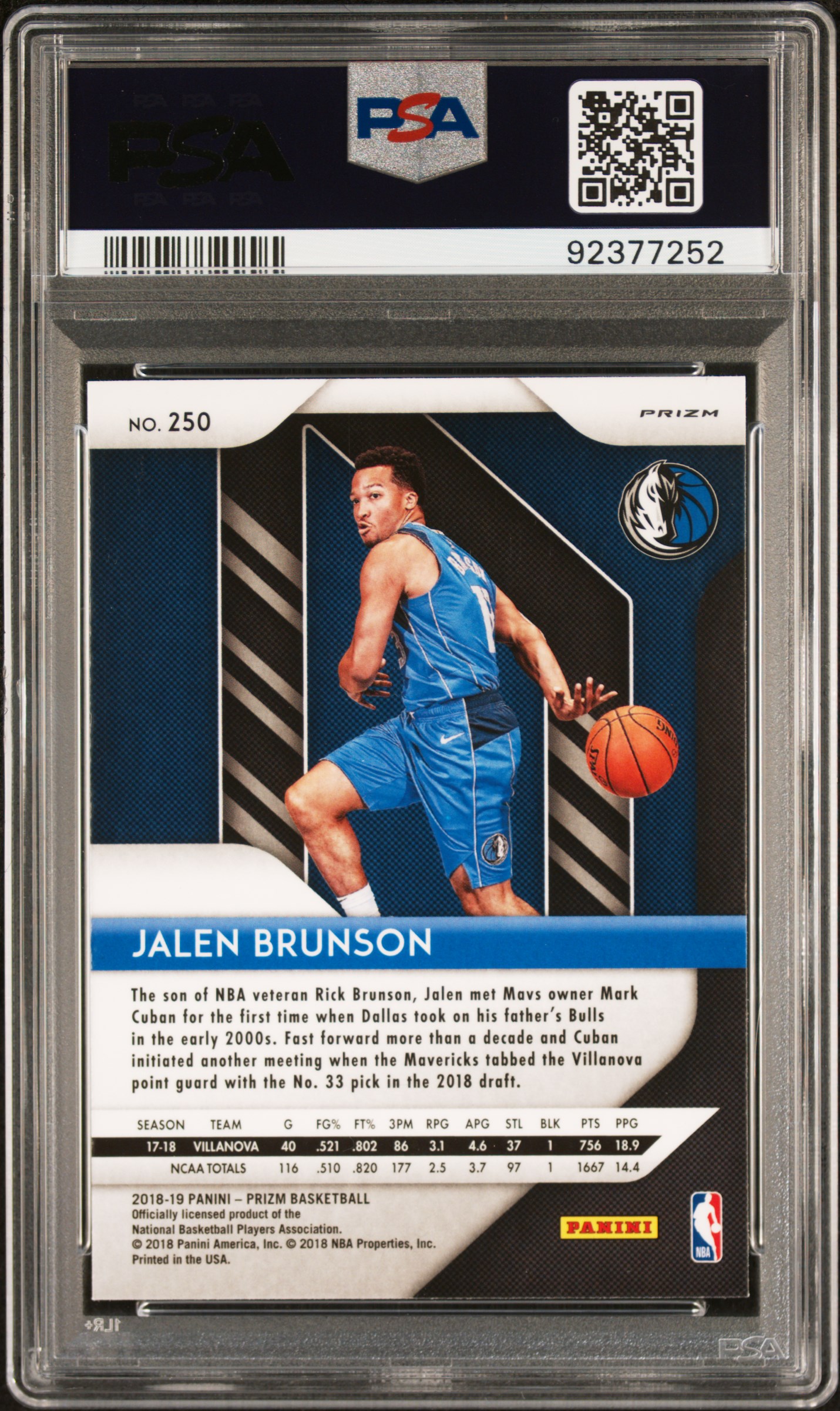 2018 Panini Prizm Jalen Brunson #250 (Hyper Prizm) Gem Mt 10 back
