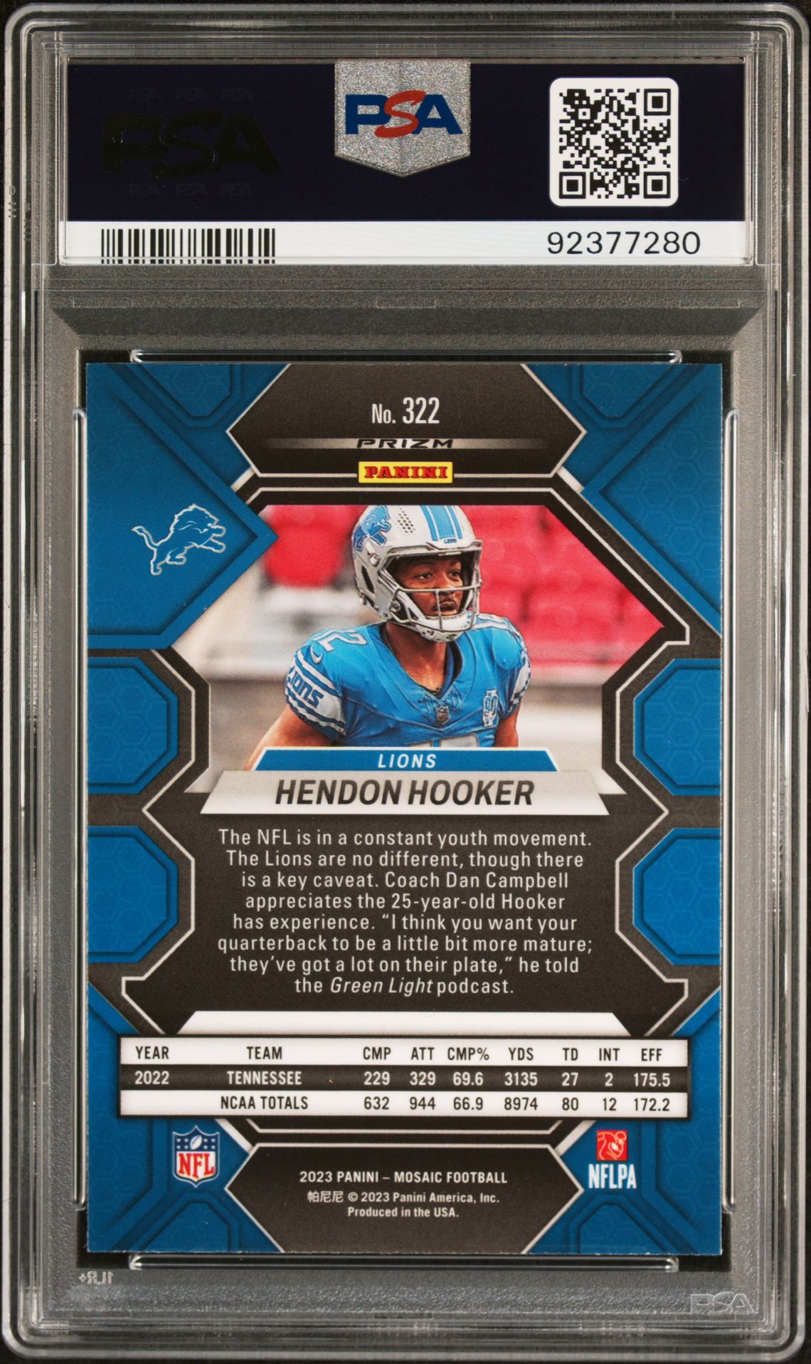 2023 Panini Mosaic Hendon Hooker #322 (Genesis) Gem Mt 10 back