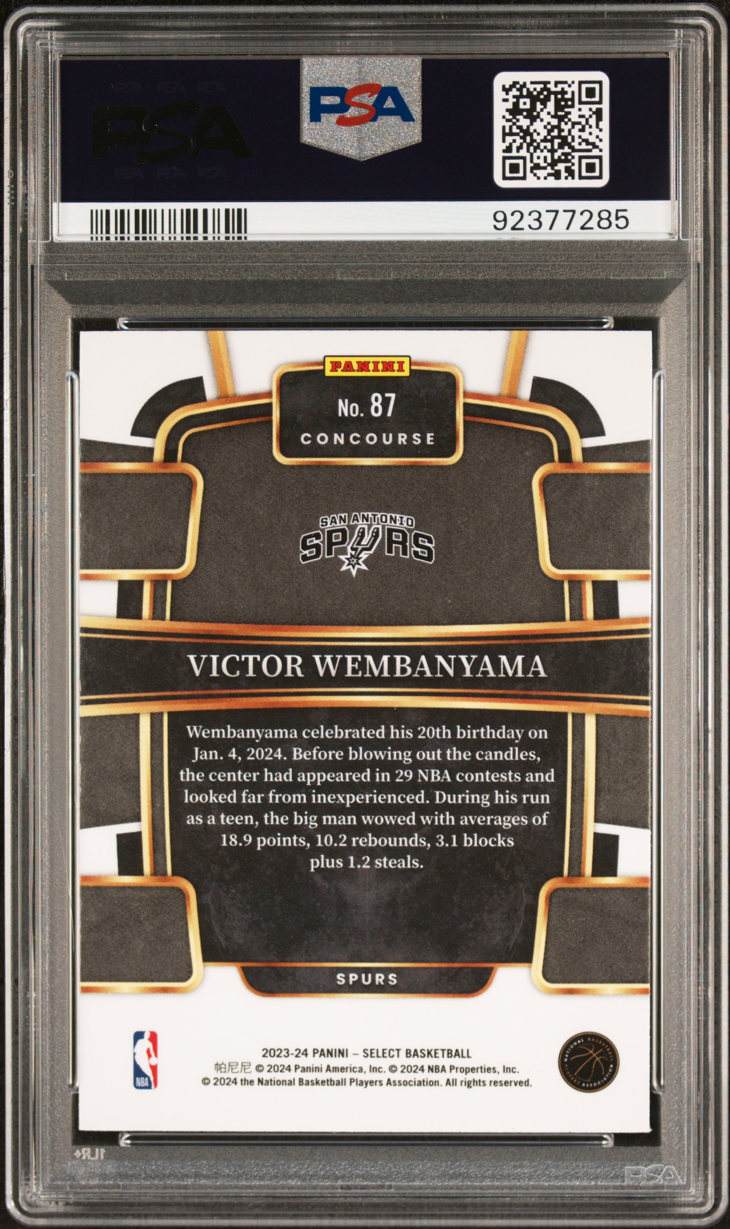 2023 Panini Select Victor Wembanyama #87 (Blue) Gem Mt 10 back