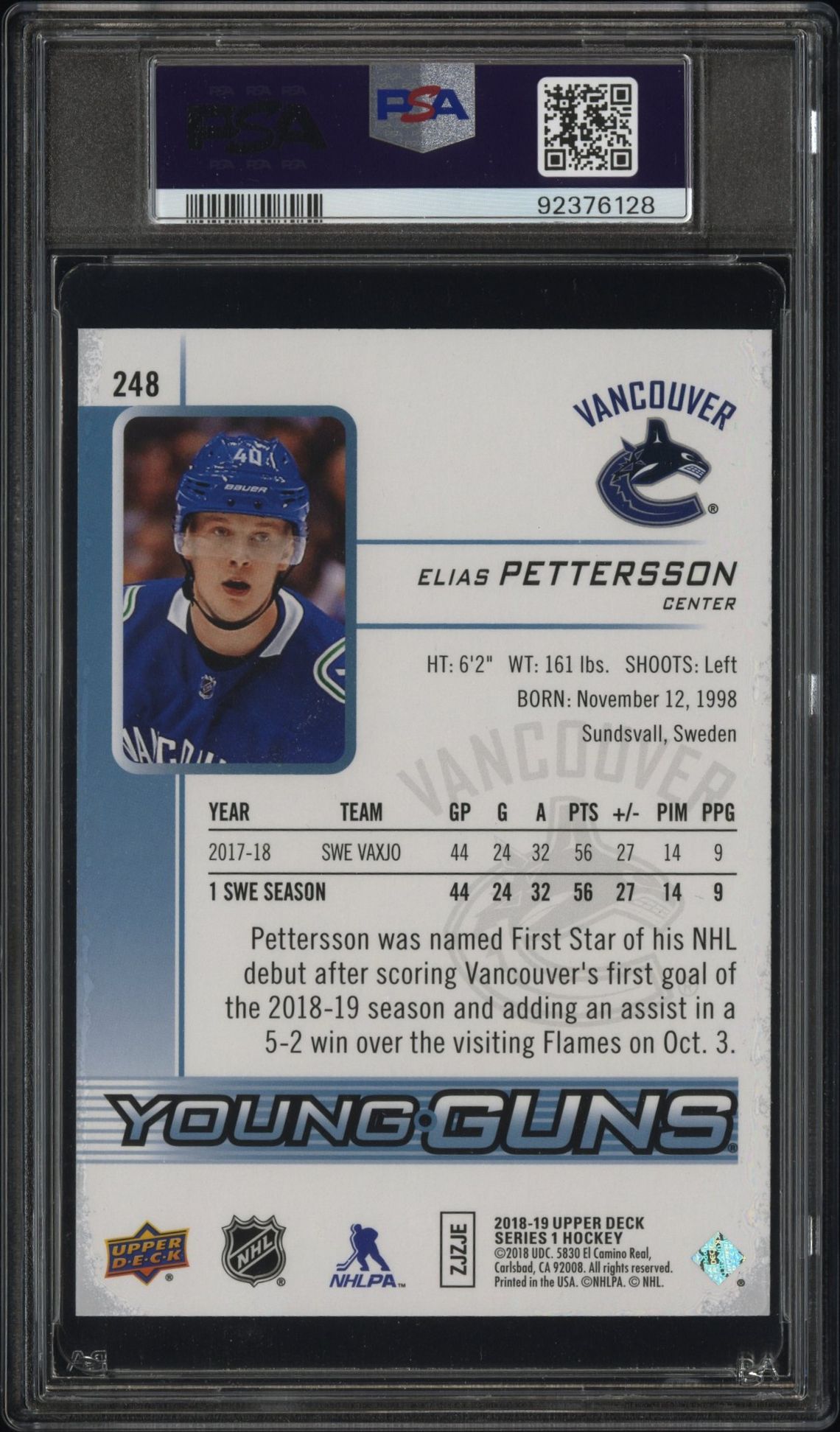 2018 Upper Deck Elias Pettersson #248 (Jumbo) Mint 9 back