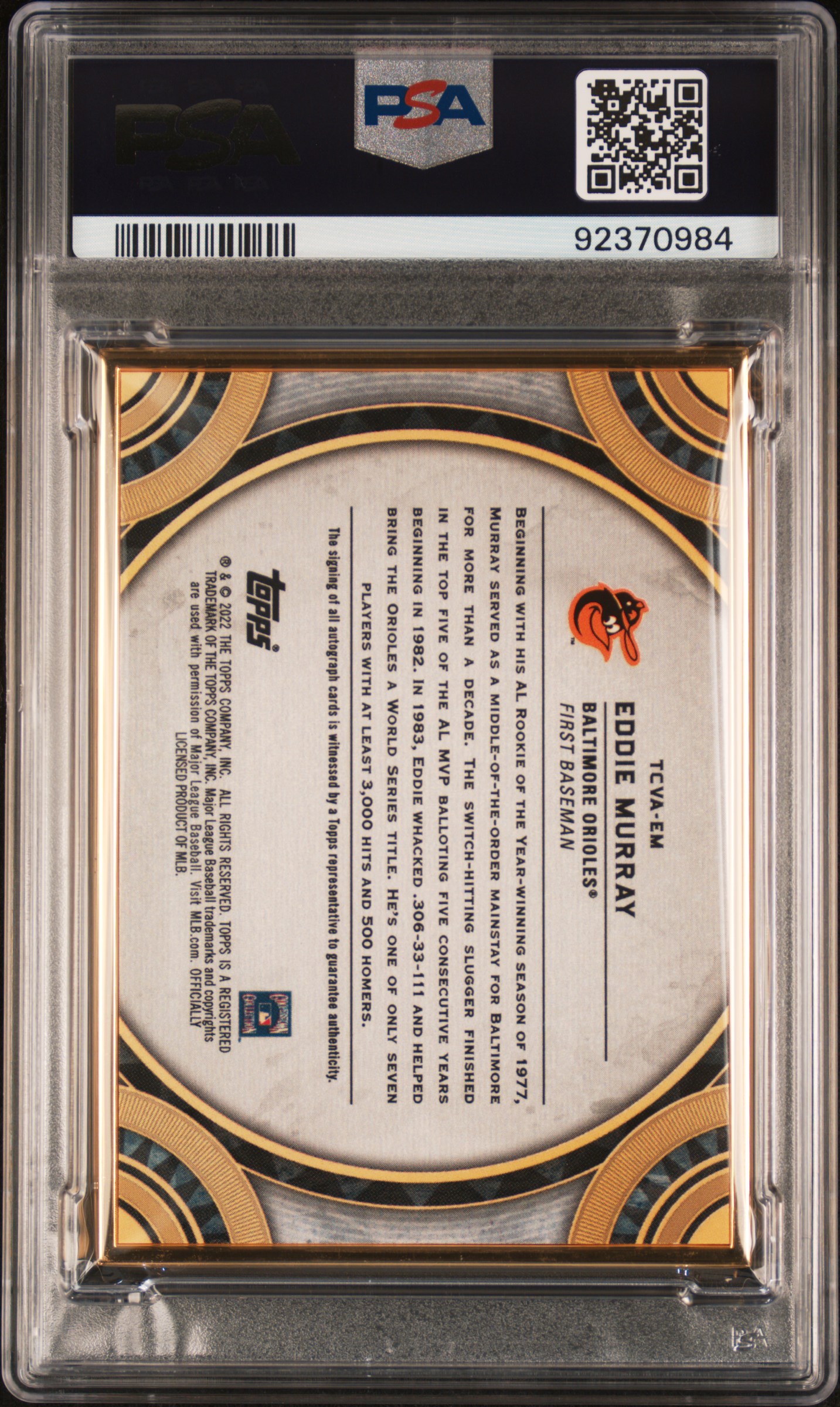 2022 Topps Transcendent Collection Autographs Eddie Murray #Em (Auto-Variation-Red 1/1) Mint 9 back